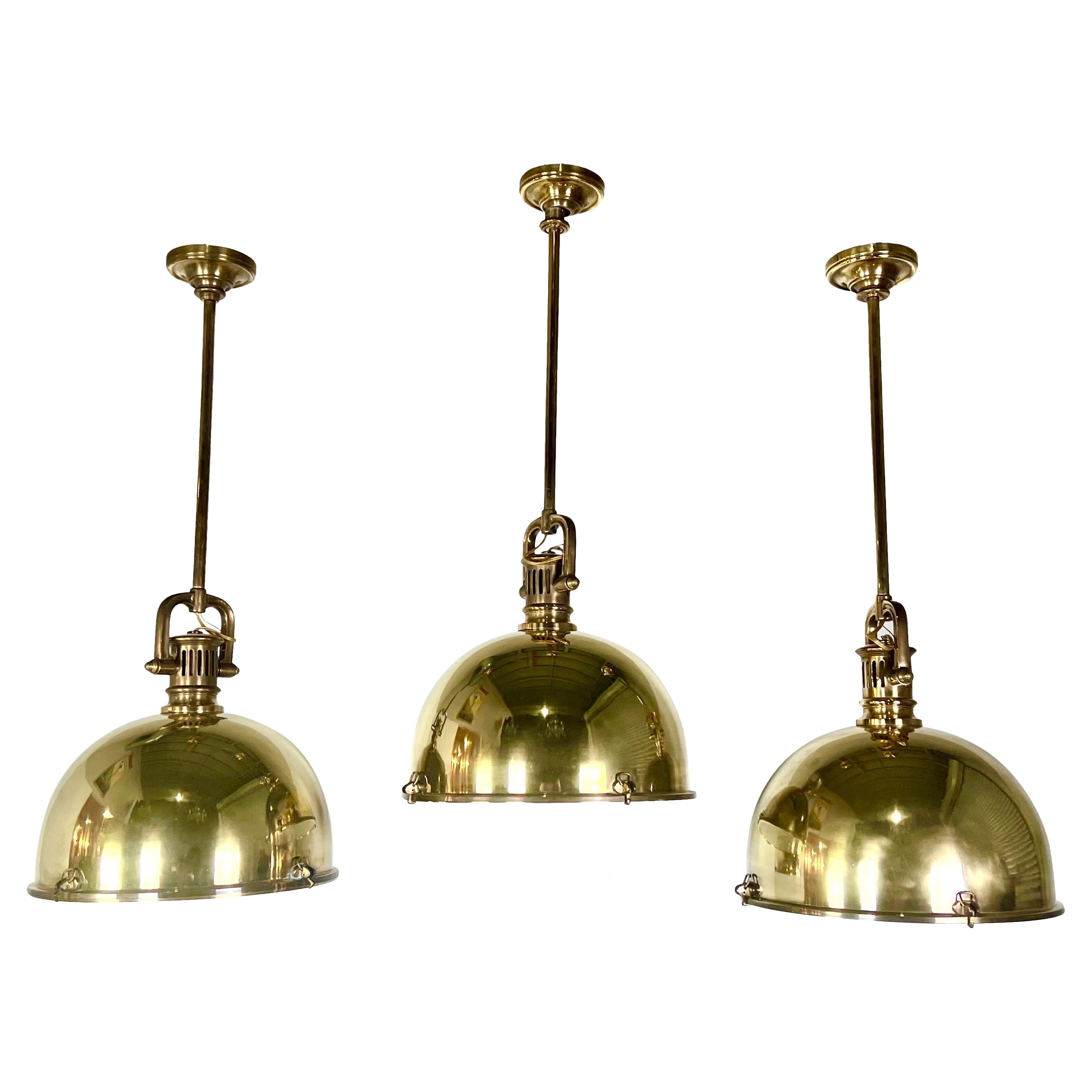 Set of Three Monumental Brass Domed Shaped Pendants 