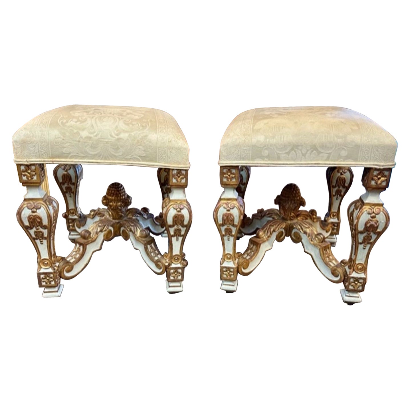 Pair of Vintage Italian Carved and Parcel Gilt Benches For Sale