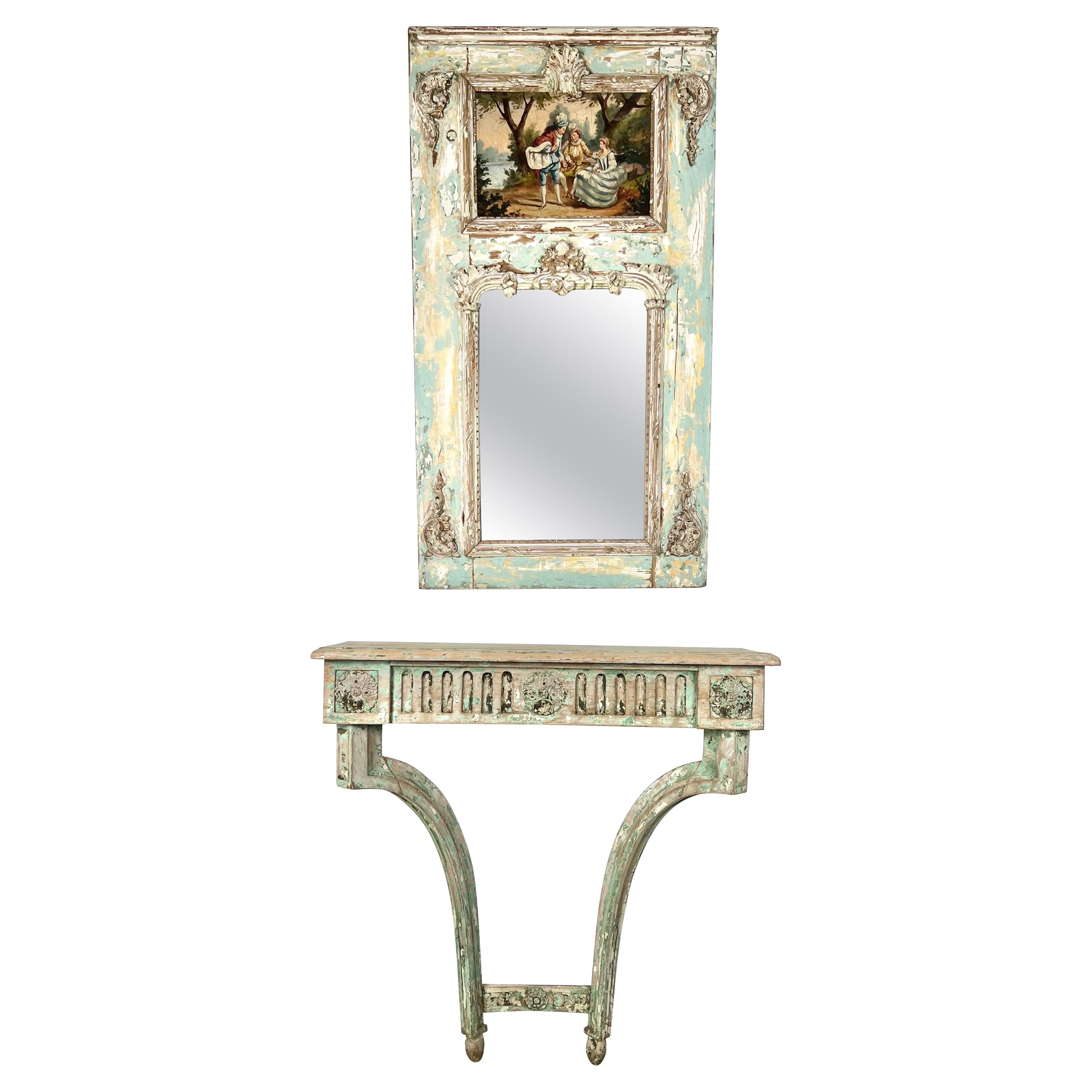 French Louis XVI Style Painted Console and Mirror For Sale