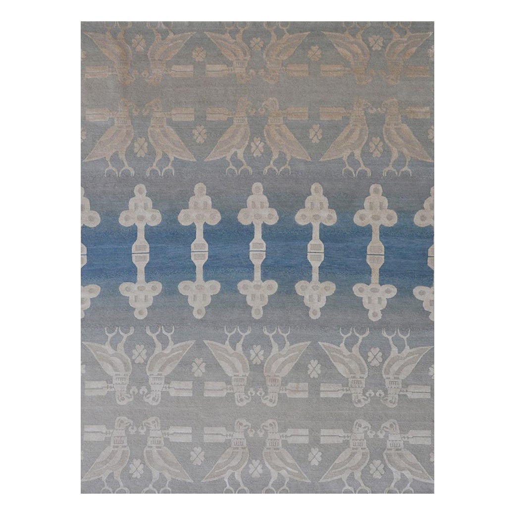 "Kestrel - Blue + Cream" /  9' x 12' / Hand-Knotted Wool + Silk Rug For Sale