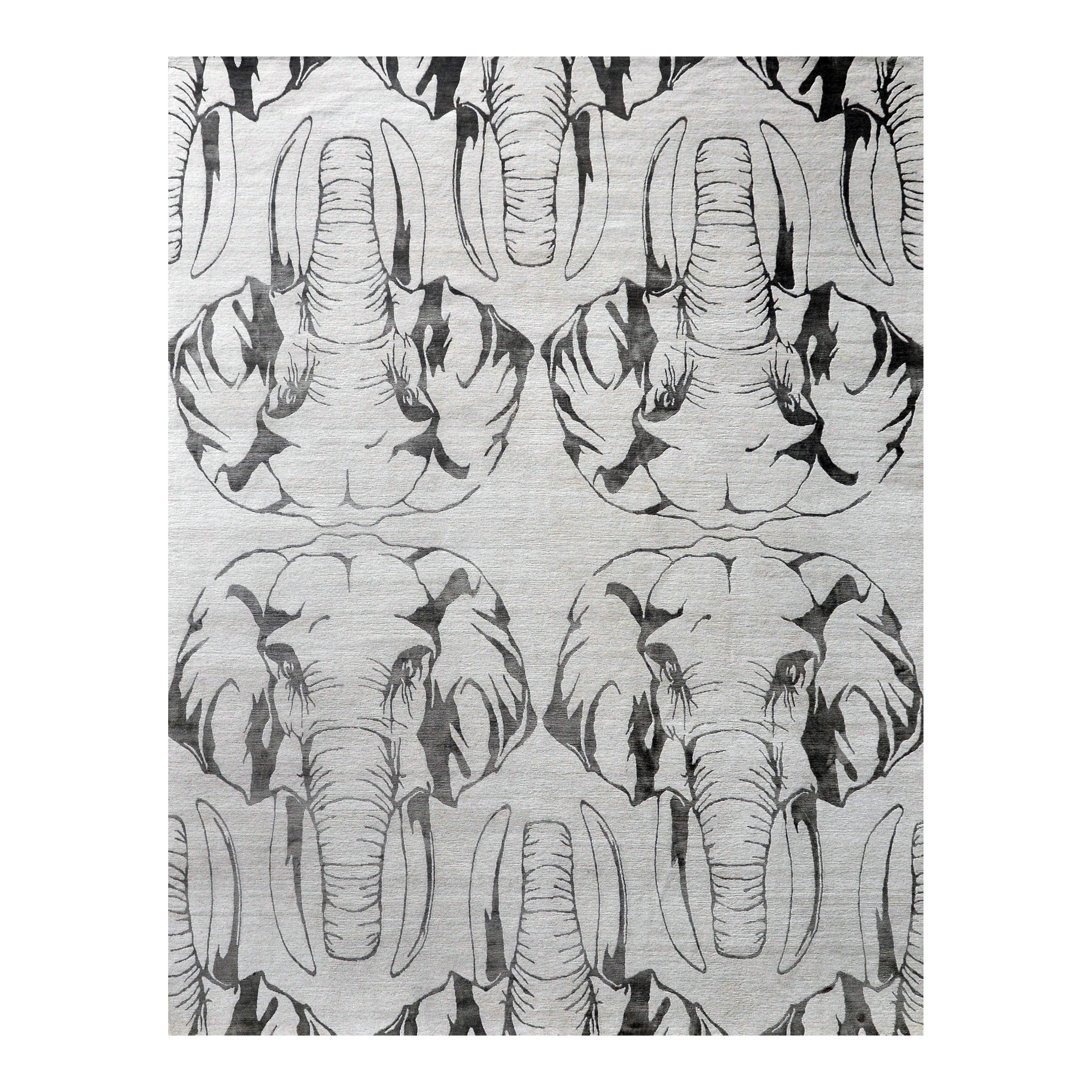 „Loxo – Grau + Weiß“ /  9' x 12' / Handgeknüpfter Teppich aus Wolle + Seide im Angebot