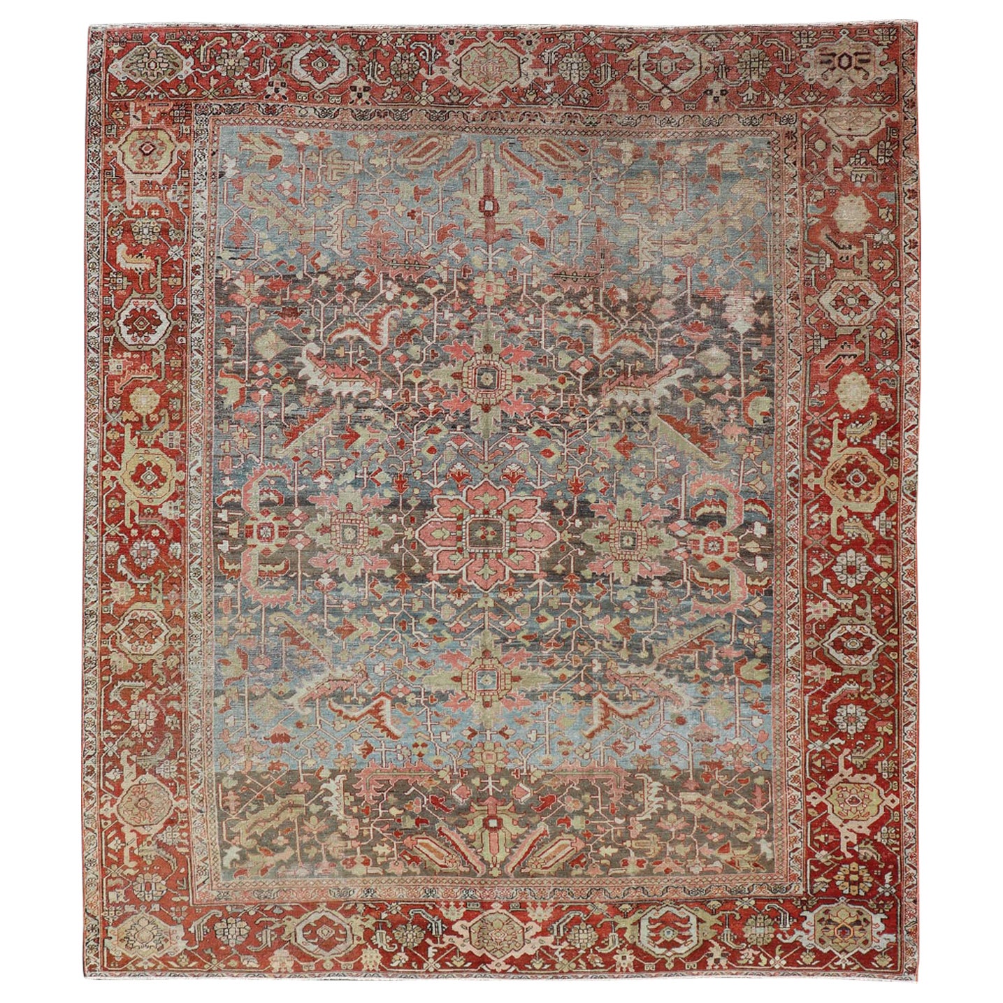 Persian Antique Serapi Rug with All-Over Geometric Design in Gray-Blue and Red  For Sale