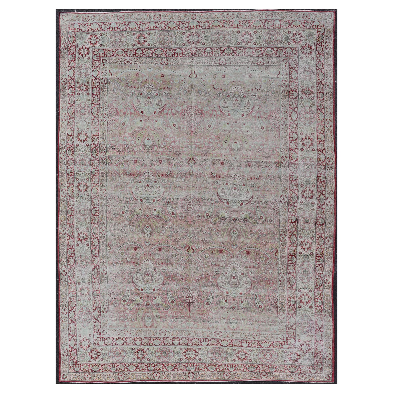 Antique Persian Kerman Lavar Rug with Floral Motifs in Reds & Pinks 9'6" x 13'6