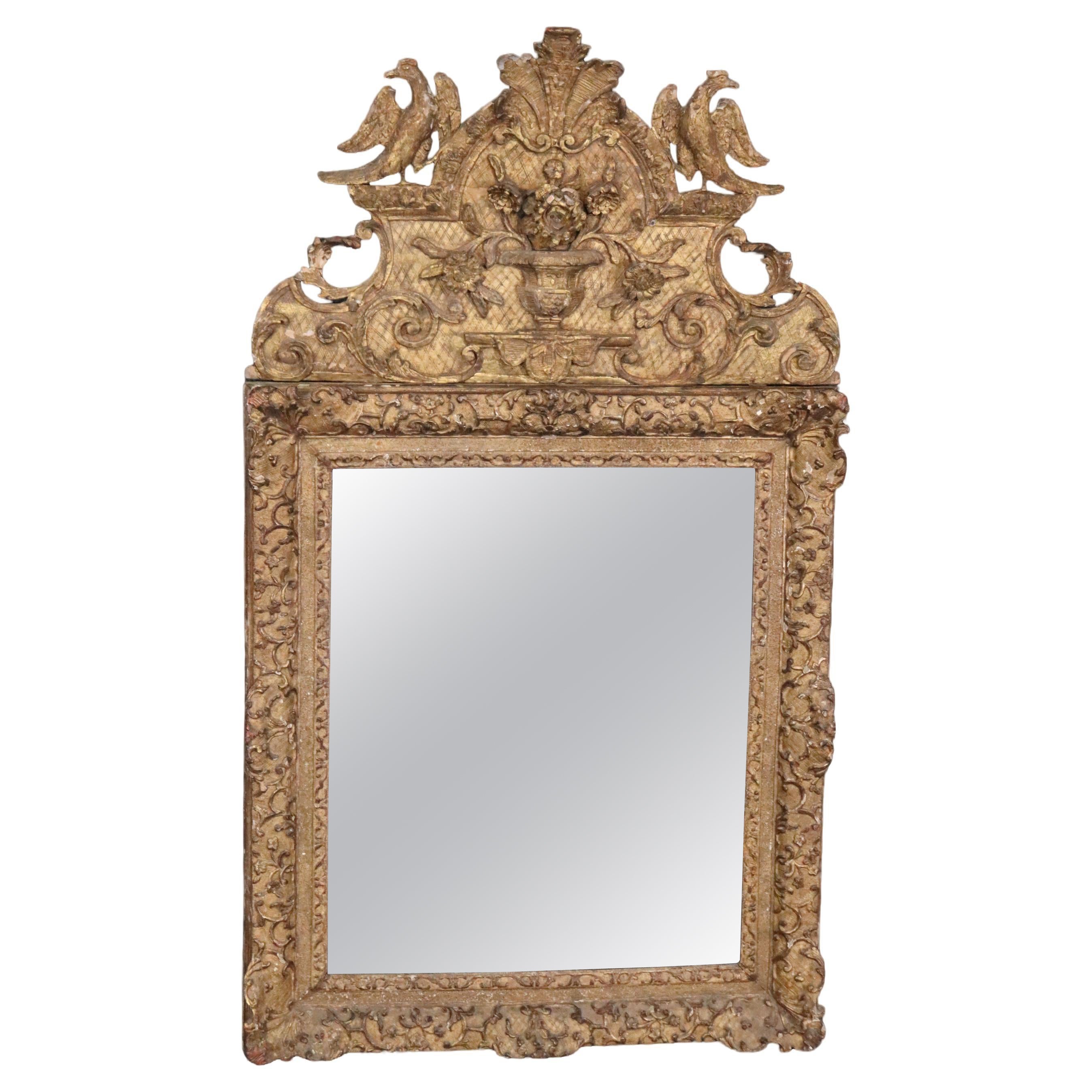 Very Rare early 18th Century Period French Louis XIV Giltwood Mirror with Birds For Sale