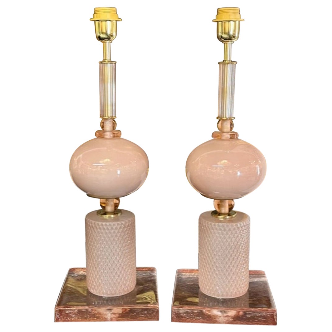 Pair of Modern Pink Murano Glass Lamps For Sale