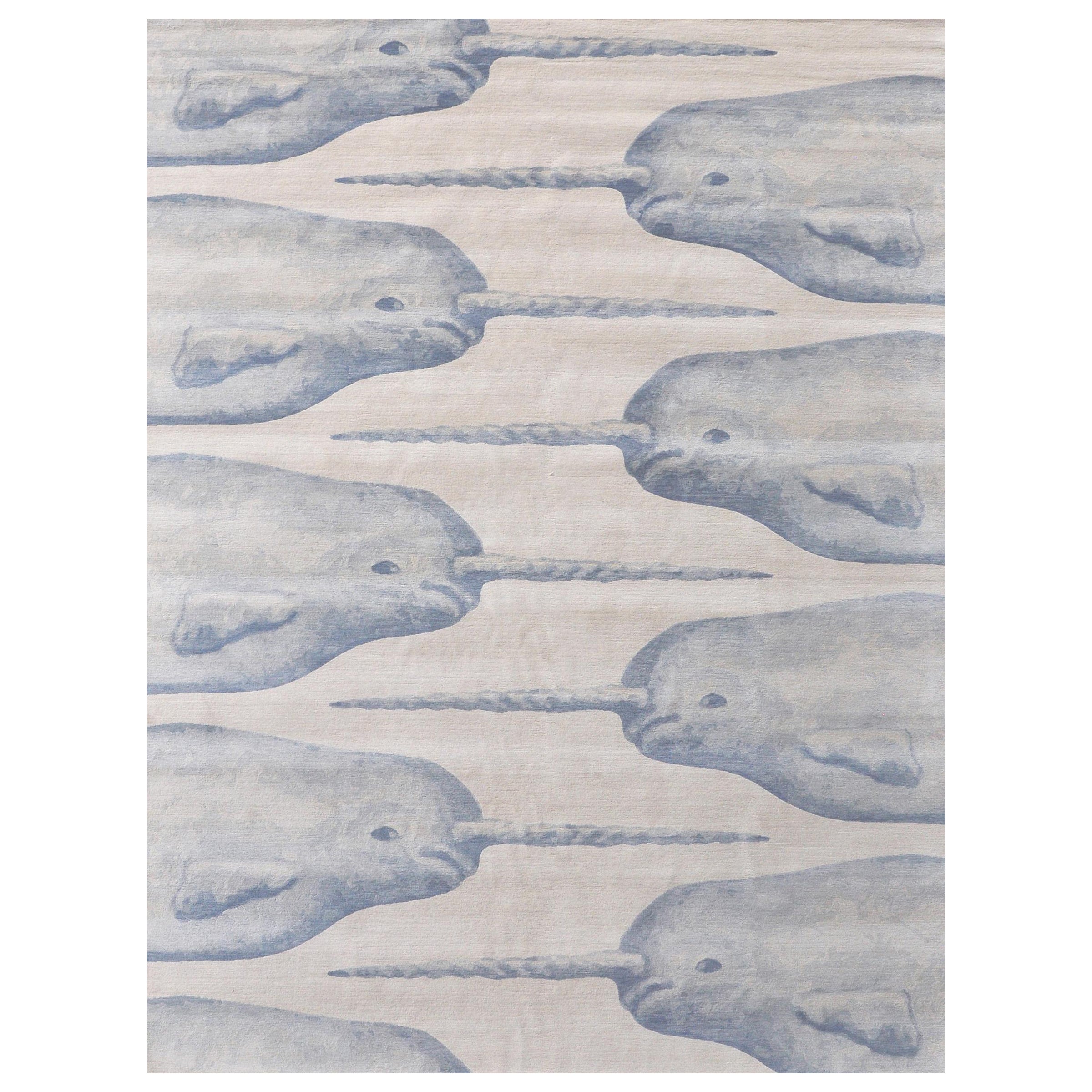 "Monodon - Blue + Cream" /  9' x 12' / Hand-Knotted Wool Rug For Sale