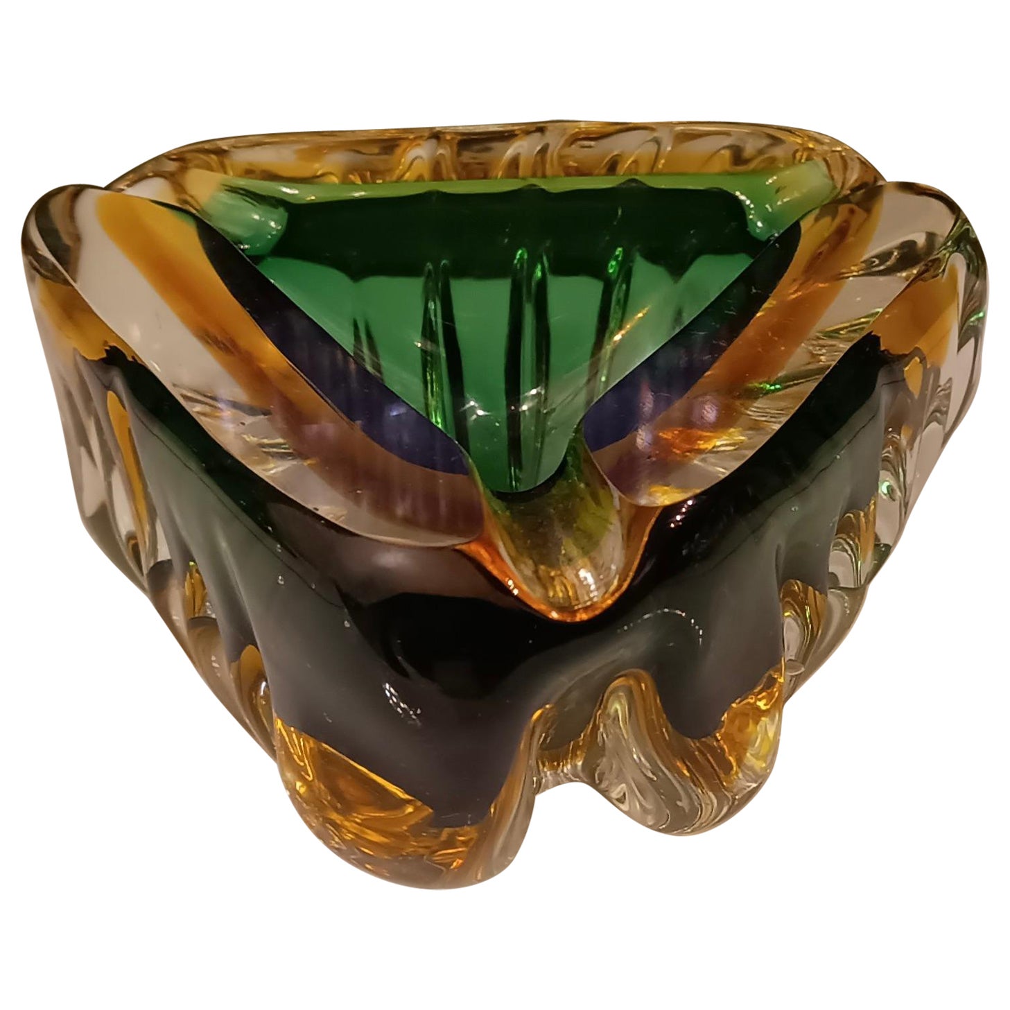 Murano Triangular Green and Yellow Glass Ashtray, 1960 For Sale