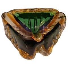 Vintage Murano Triangular Green and Yellow Glass Ashtray, 1960