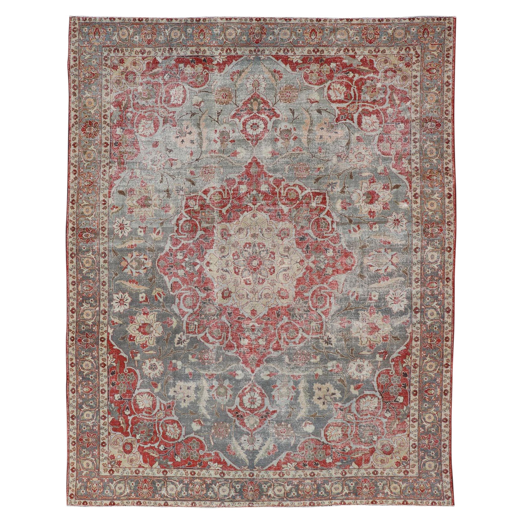 Antique Persian Tabriz Rug with Floral Medallion Design in Tan, Red, and Lt Blue