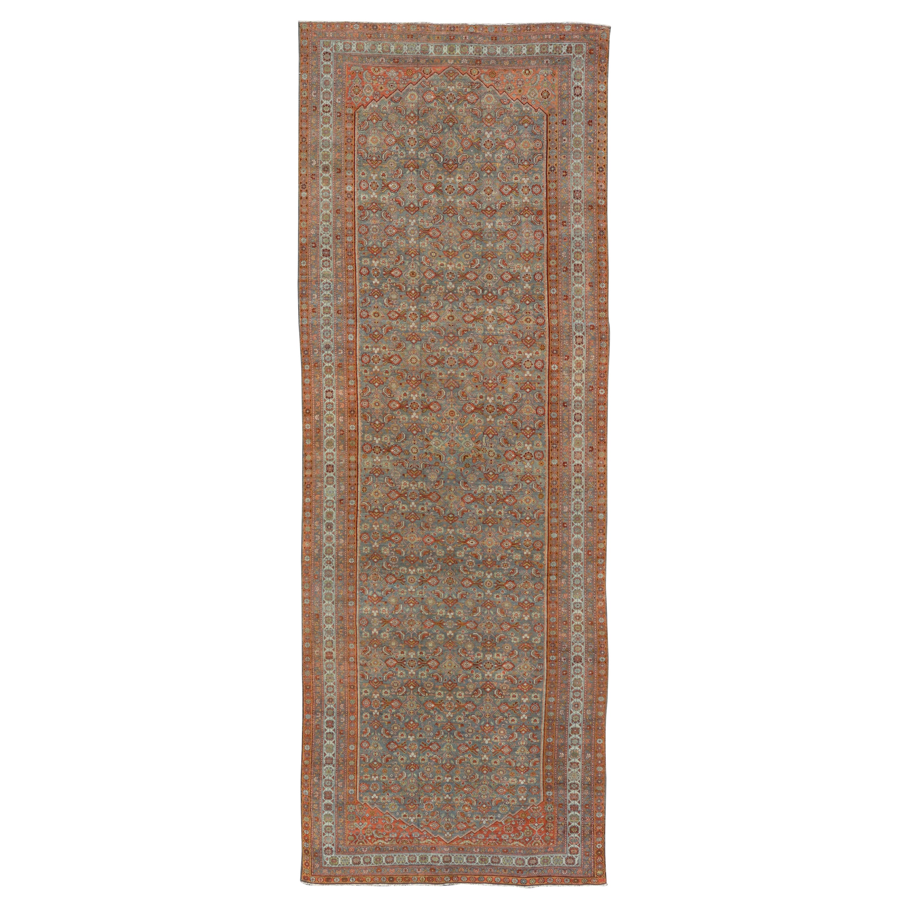Large Kurdish Antique All Over Design Gallery Runner in Muted Tones Of Blue-Gray For Sale