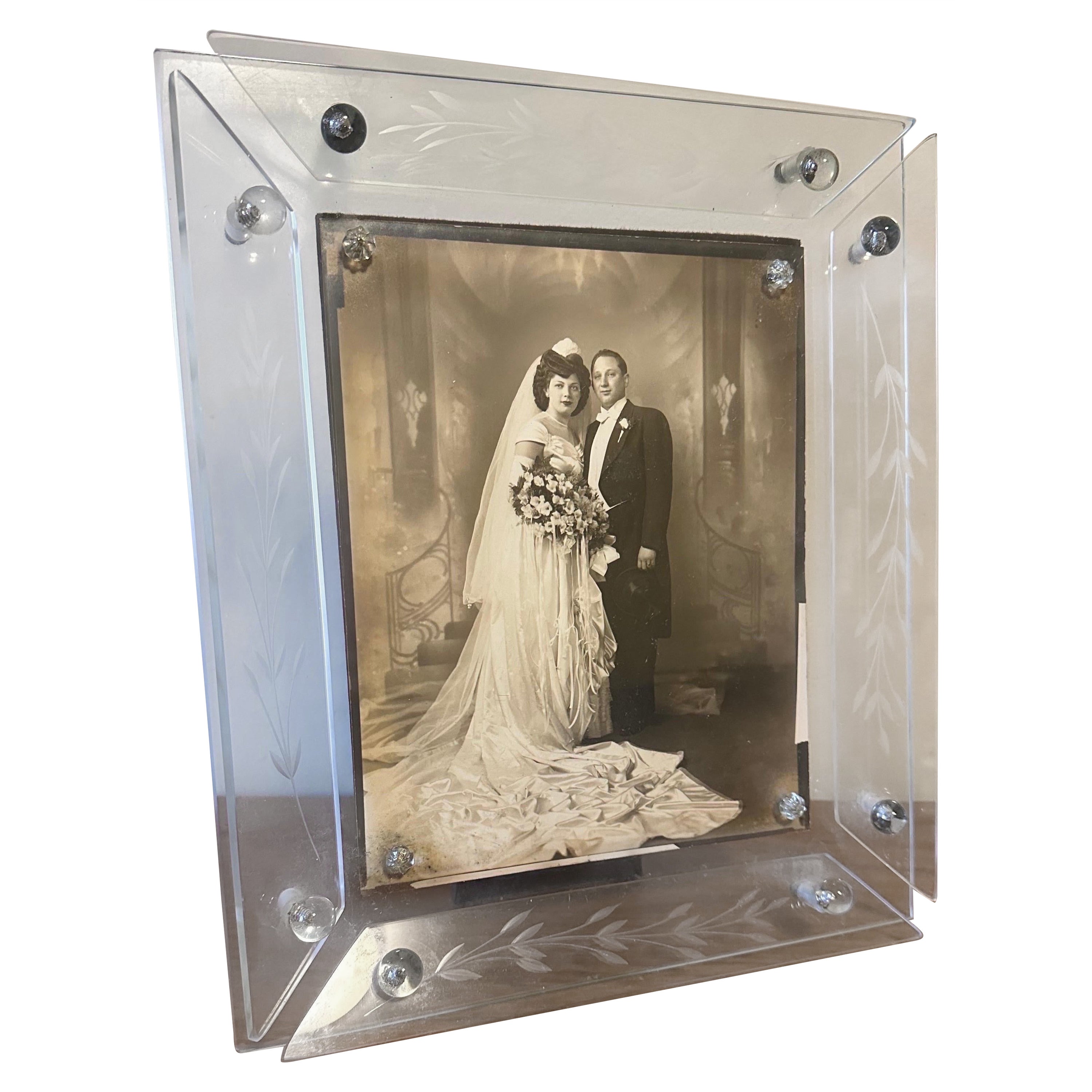 1930s French glass wedding photo frame large  For Sale