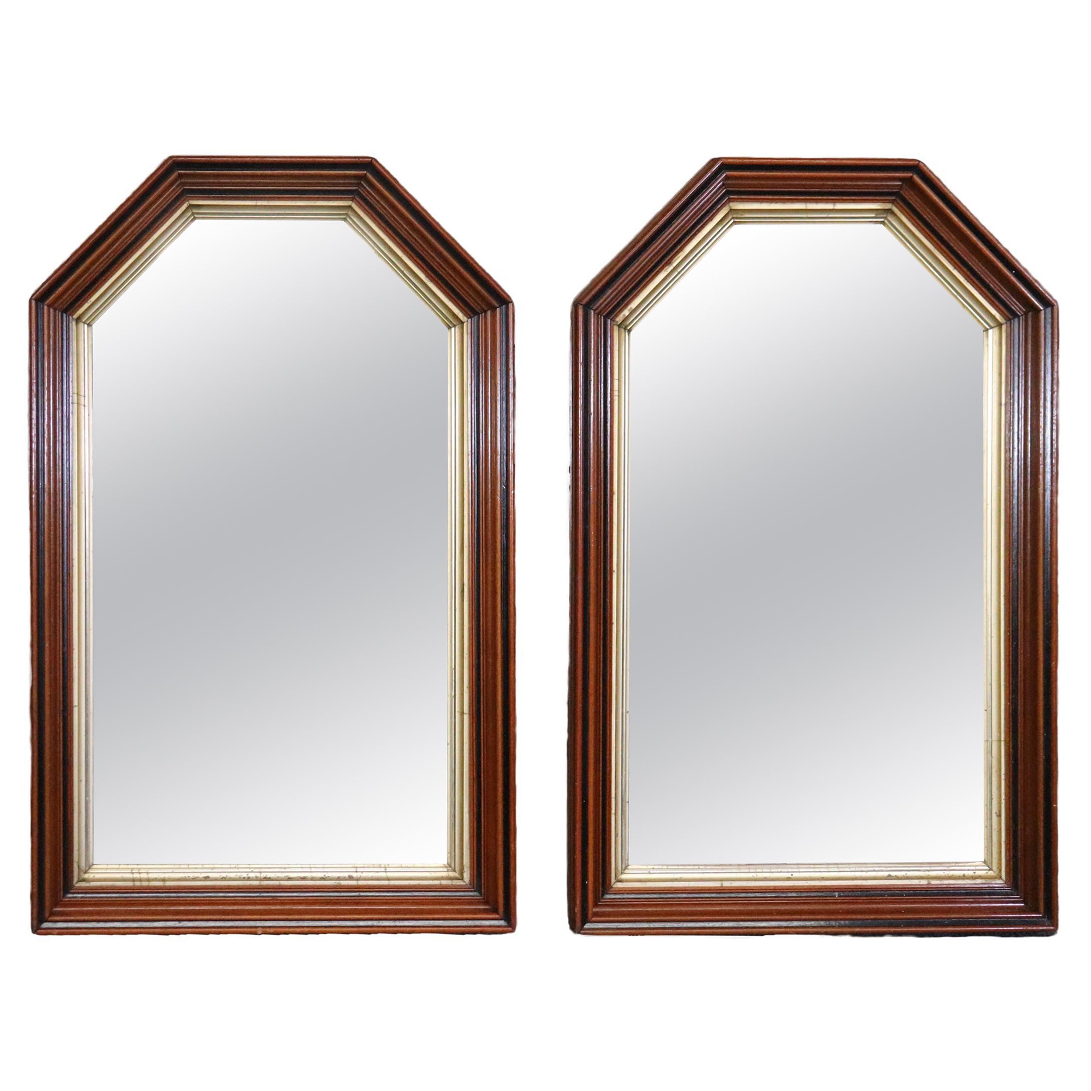 Pair of Highly Molded Walnut Geometric Pseudo Gothic Style Gilded Wall Mirrors  For Sale