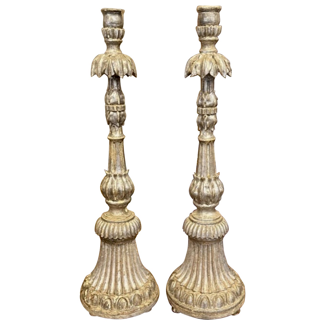 Pair of 19th Century Italian Carved and Silver Gilt Altar Sticks For Sale