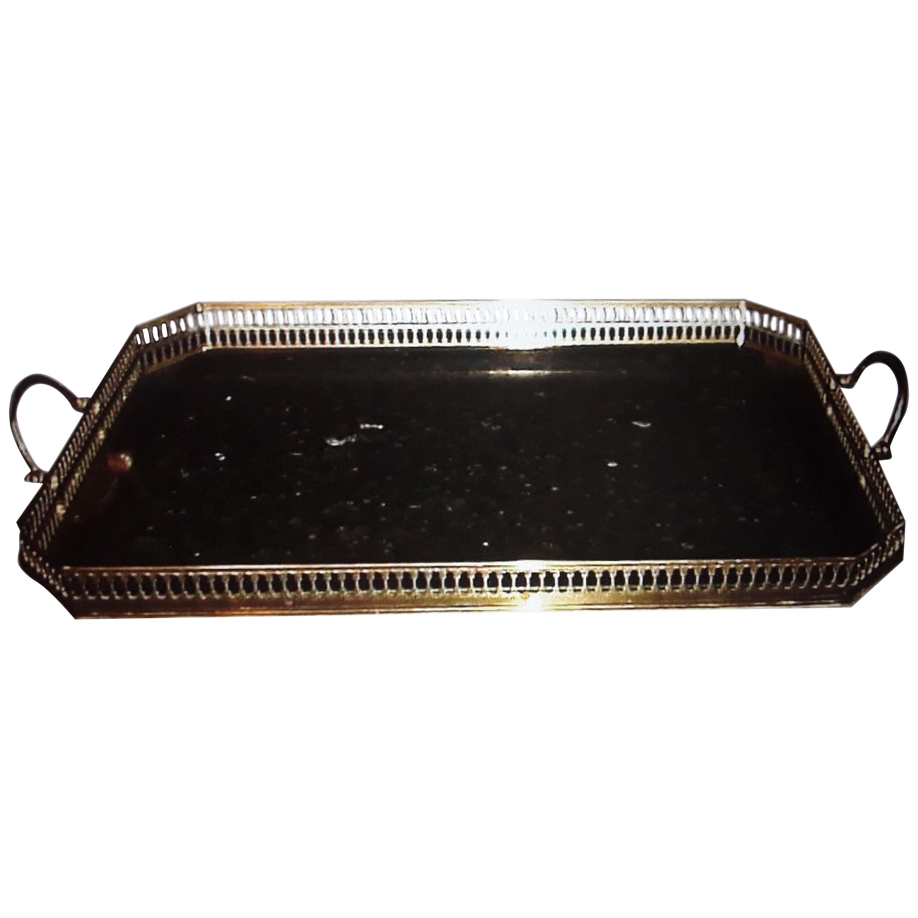 40s Hollywood Regency attrib Bagues Solid Brass Frame Mirror Insert Serving Tray For Sale