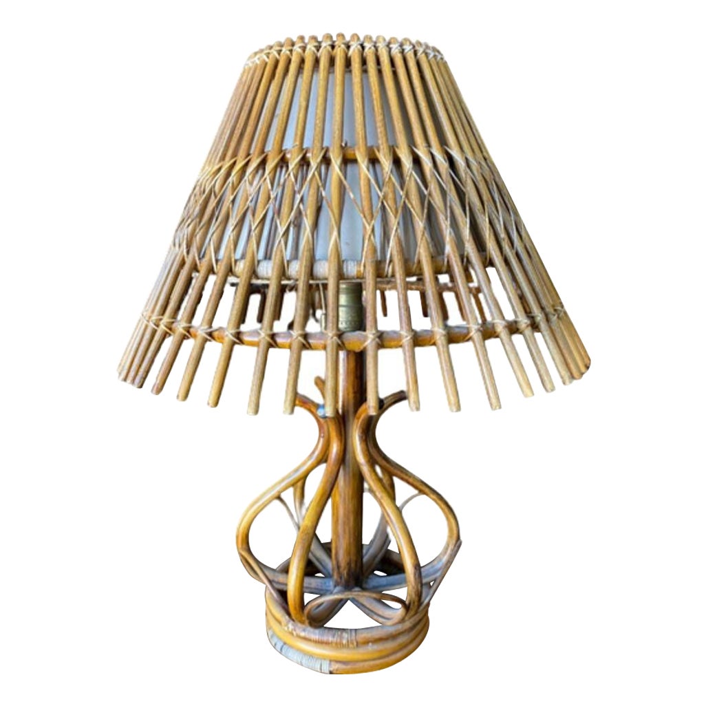 Restored Modernist Stacked Stick Reed Rattan Table Lamp w/ Rattan Shade For Sale