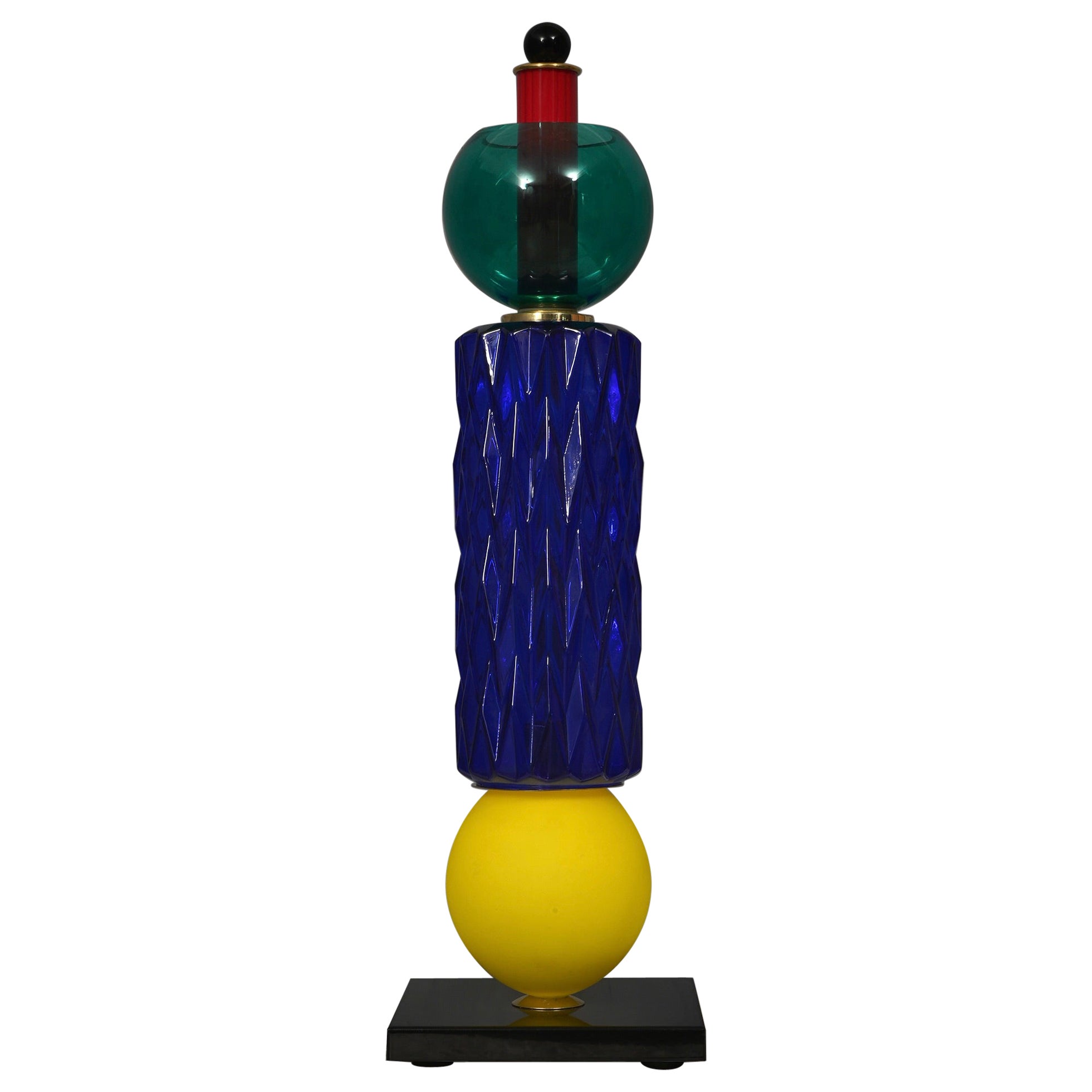 Murano Blu Yellow Green Red Art Glass and Brass Midcentury Table Lamp, 1990 For Sale