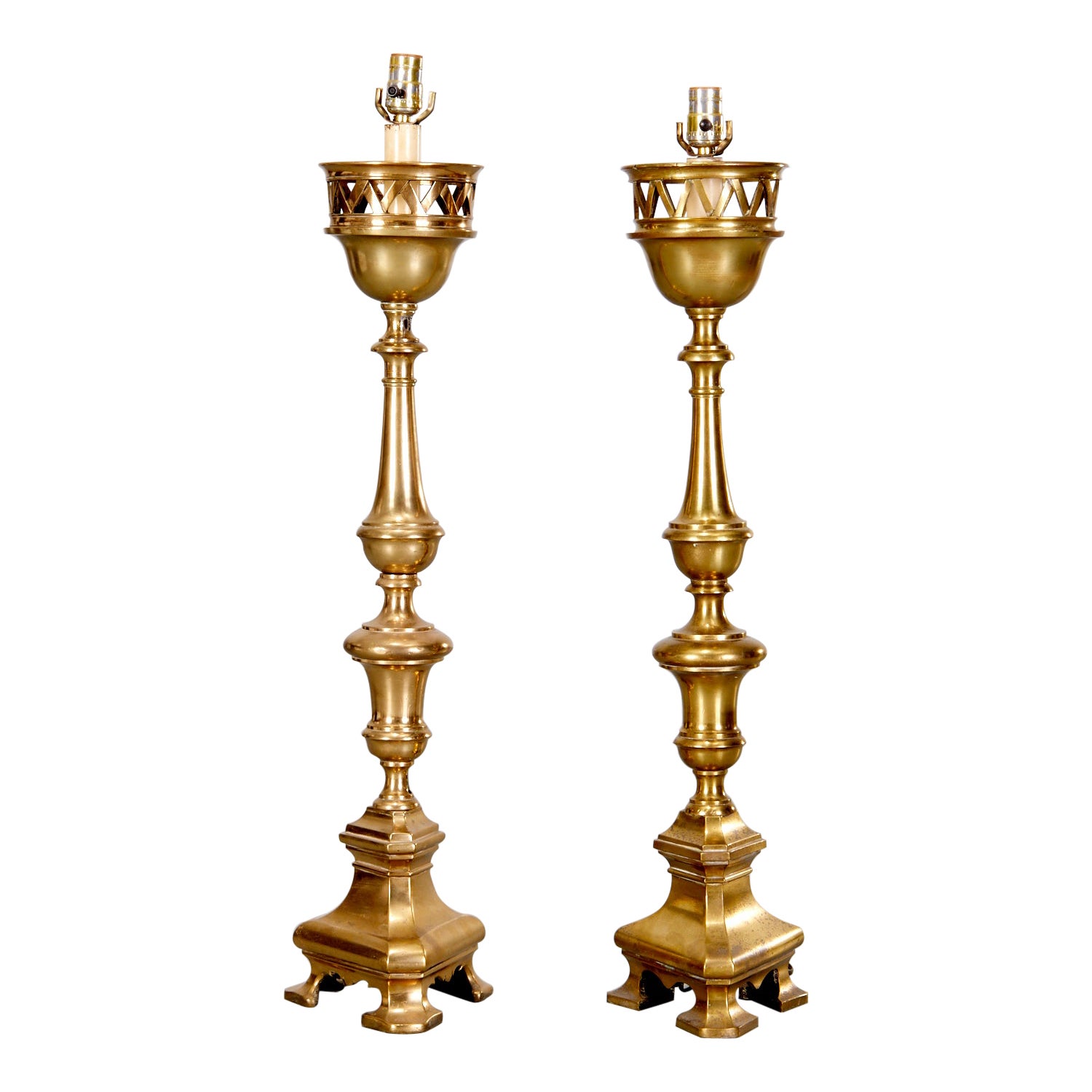 19th C. Pair of Heavy Brass Ecclesiastical Candlesticks Adapted to Table Lamps For Sale