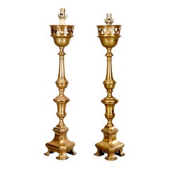 Antique 19th C. Pair of Heavy Brass Ecclesiastical Candlesticks Adapted to Table Lamps