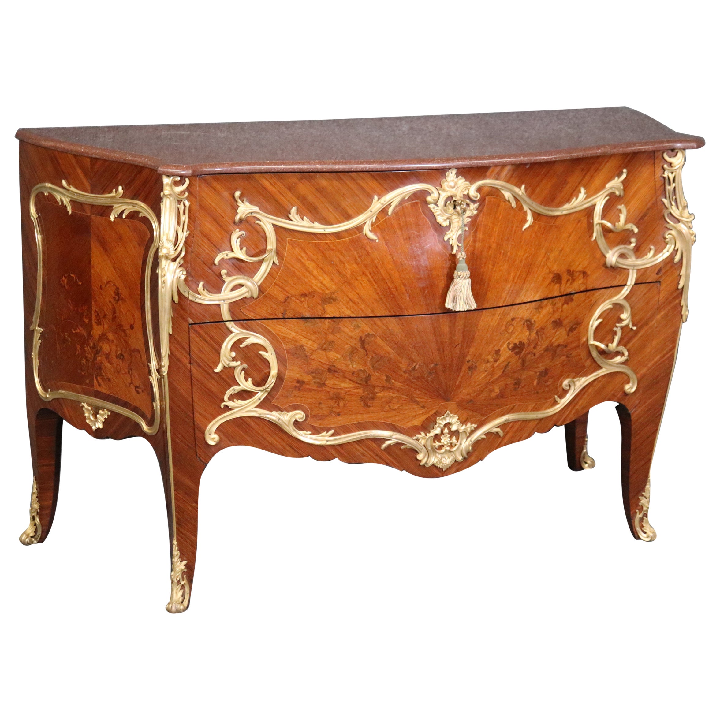 Fine Ormolu Mounted French Louis XV Rouge Marble Top Radiating Inlay Commode  For Sale
