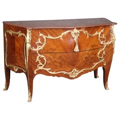 Antique Fine Ormolu Mounted French Louis XV Rouge Marble Top Radiating Inlay Commode 