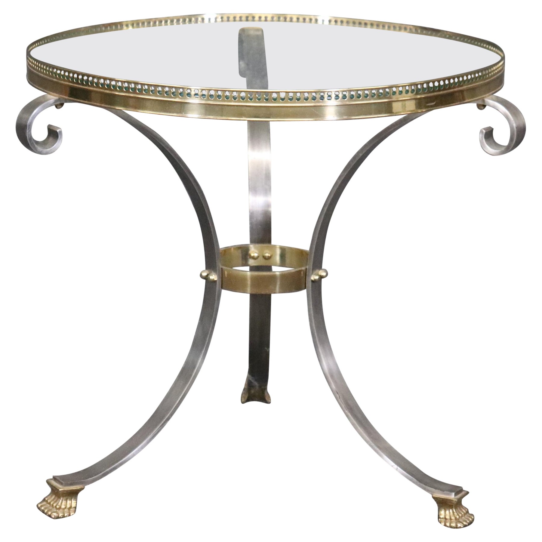 Single Brass and Steel Glass Top Guerdion or End Table Maison Jansen Style  For Sale