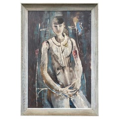 Vintage Large  Abstract Painting of a seated figure in Period Frame, Signed Hyland