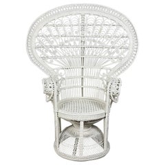 Vintage 1970s Bohemian Hollywood Regency Off White Painted Rattan Peacock Fan Back Chair