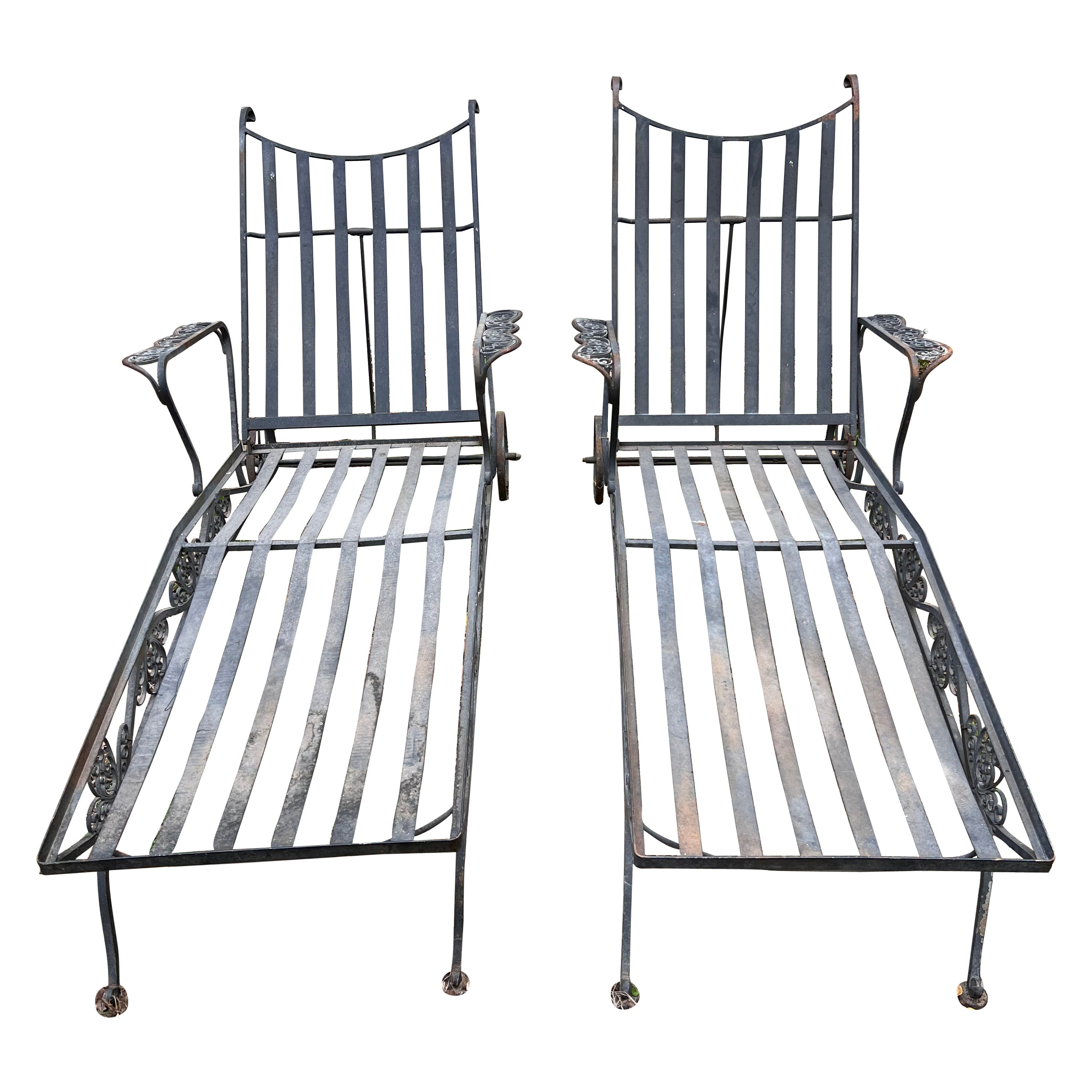 Pair of Mid Century Wrought Iron Chaise Lounges  For Sale