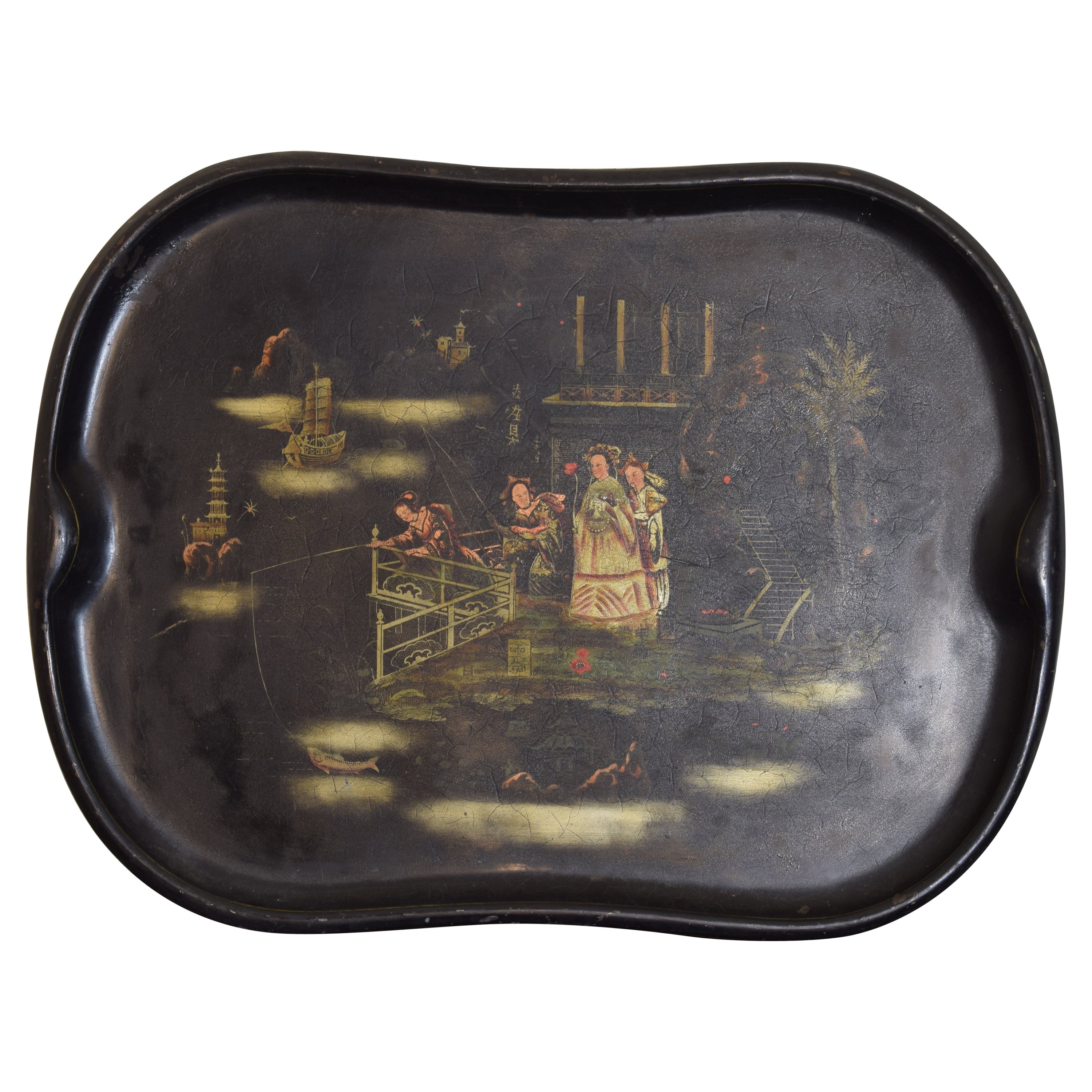 English Tole Chinoiserie Painted Tray, mid 19th century For Sale