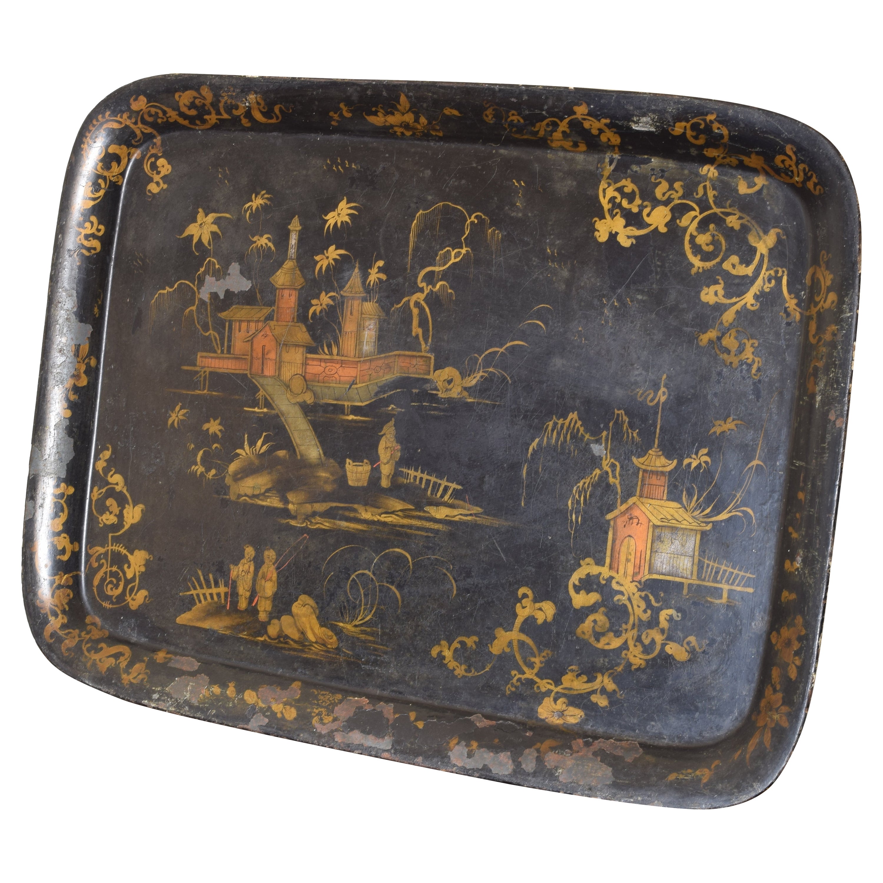 English Tole Chinoiserie Painted Tray, mid 19th century For Sale