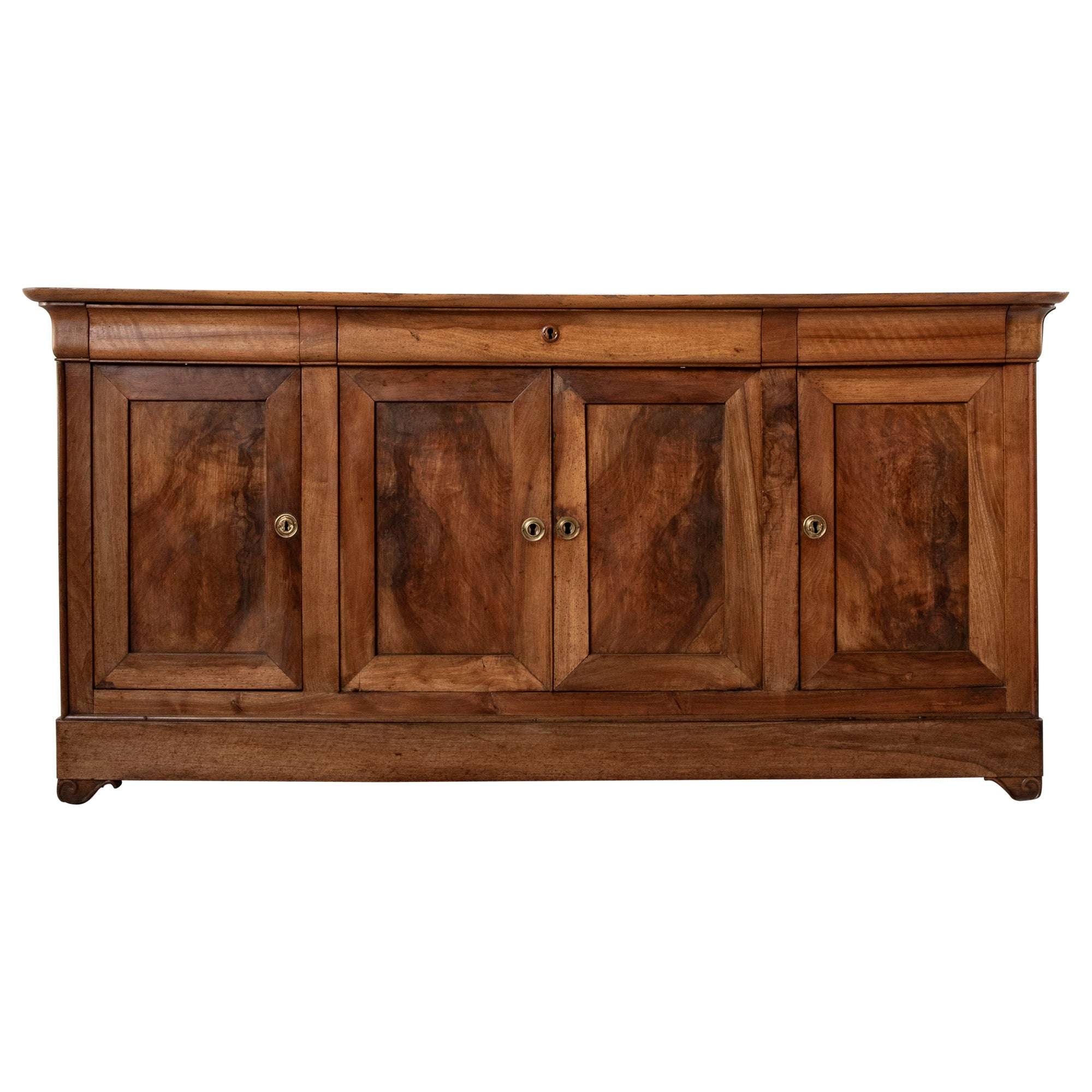 French Louis Philippe Period Walnut Enfilade, Sideboard, Buffet with Four Doors