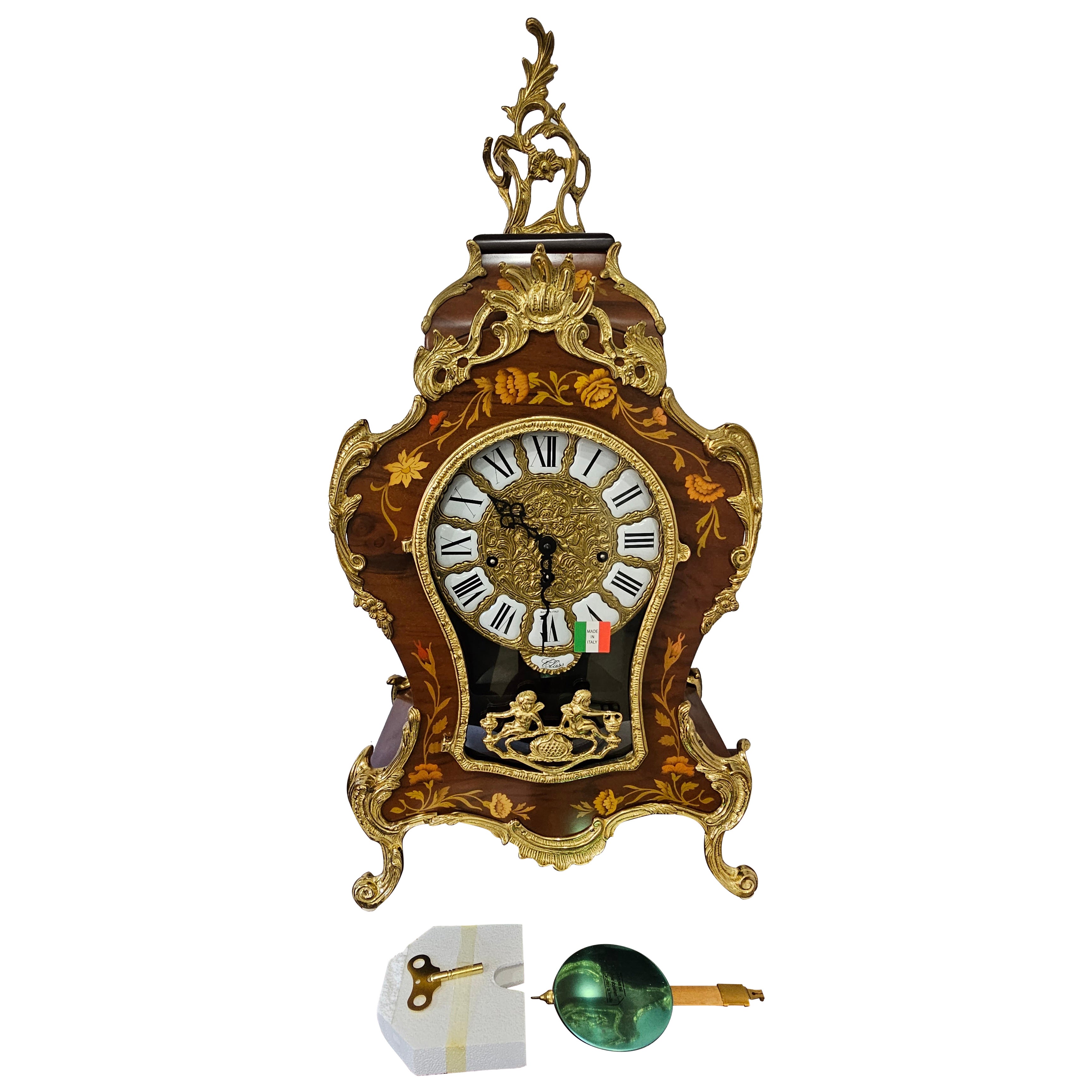 Nouveau pendule de cheminée Franz Hermle en marqueterie fine italienne DeArt et étui en bronze doré, N