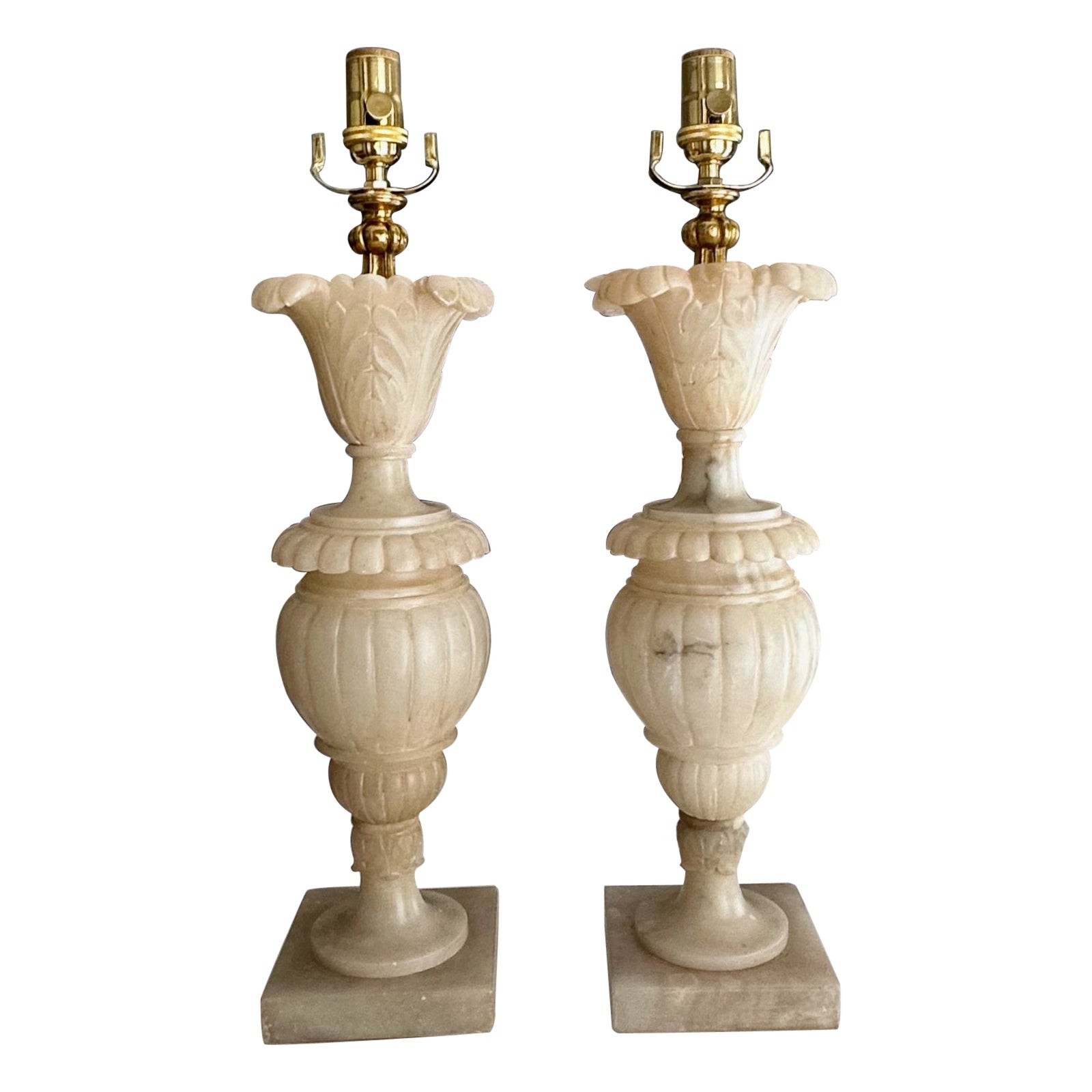 Pair Italian Neoclassic Acanthus Urn Alabaster Table Lamps