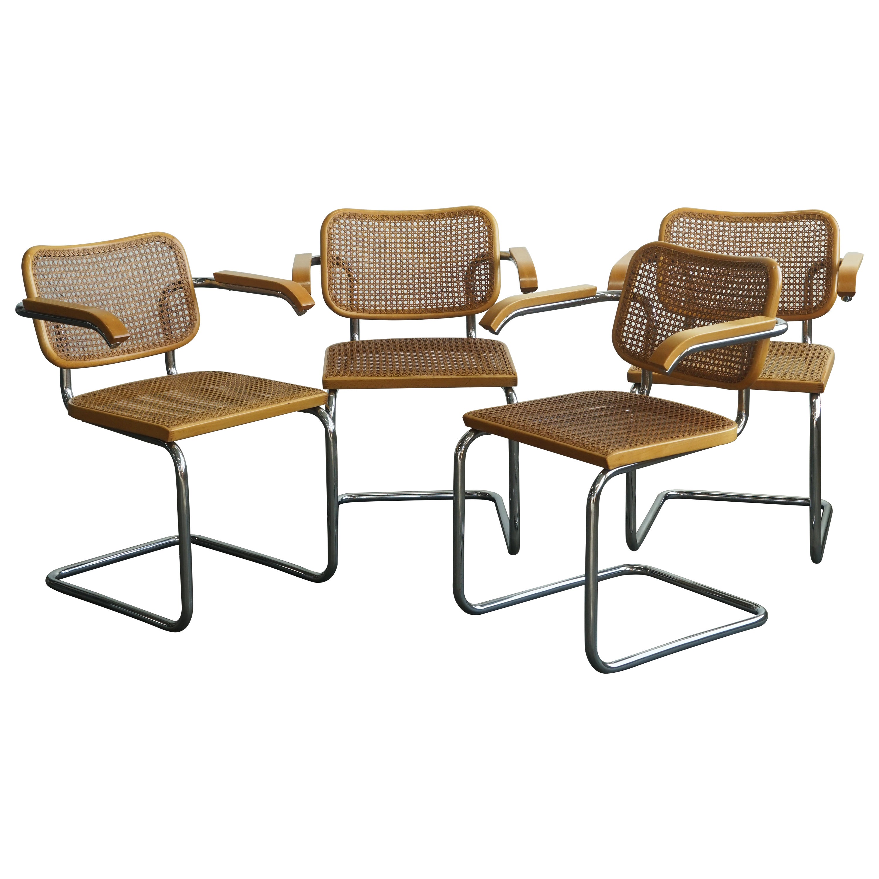 Set of 4 1960's Marcel Breuer Cesca chairs with arms, Stendig labels For Sale