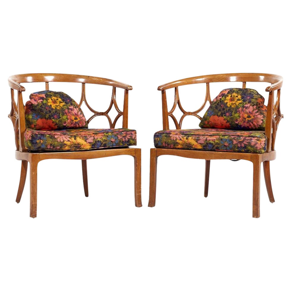 Billy Haines Mid Century Fruitwood Barrel Back Lounge Chairs - Pair