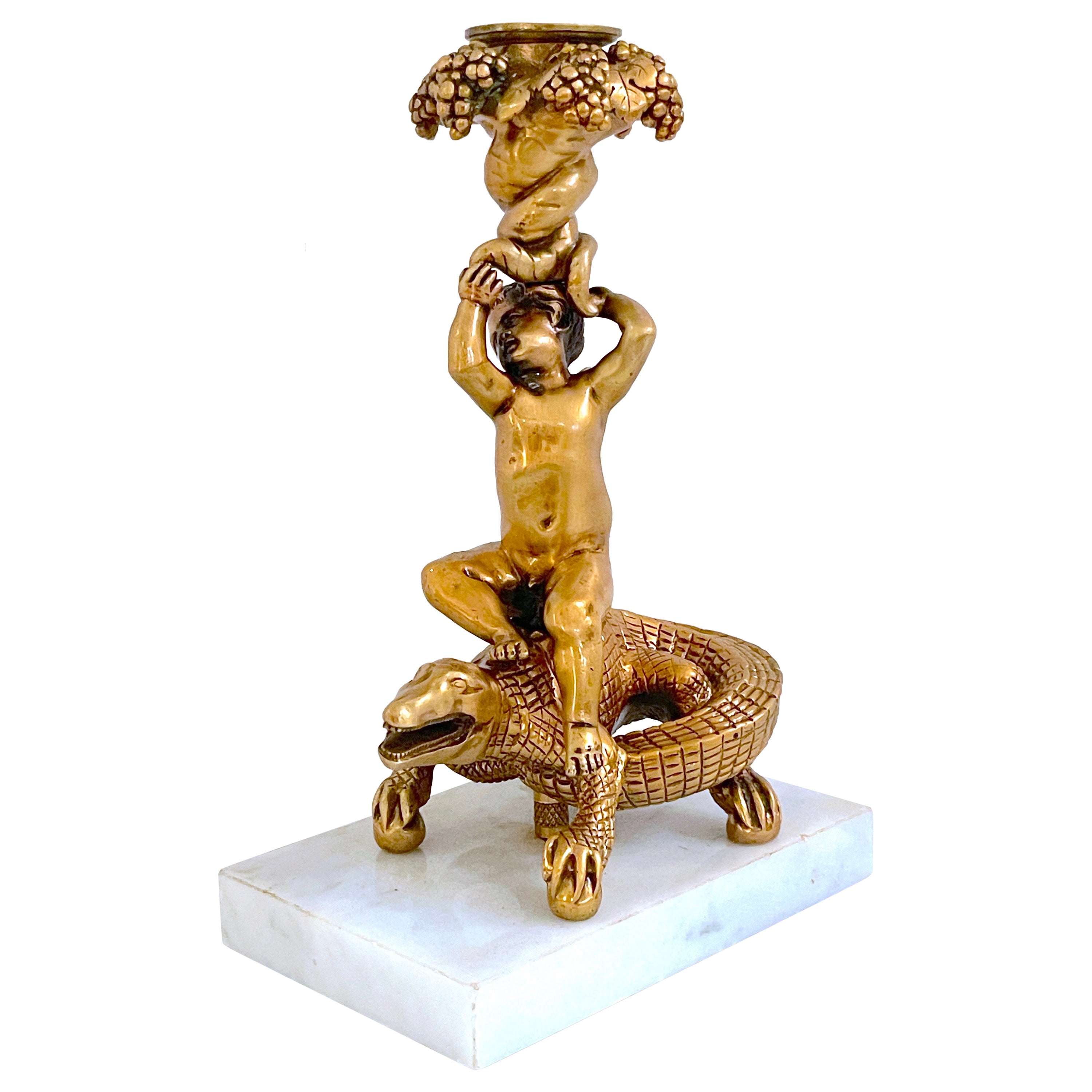 Italian Renaissance Style Gilt Bronze & Marble Putti on Crocodile Candlestick   For Sale