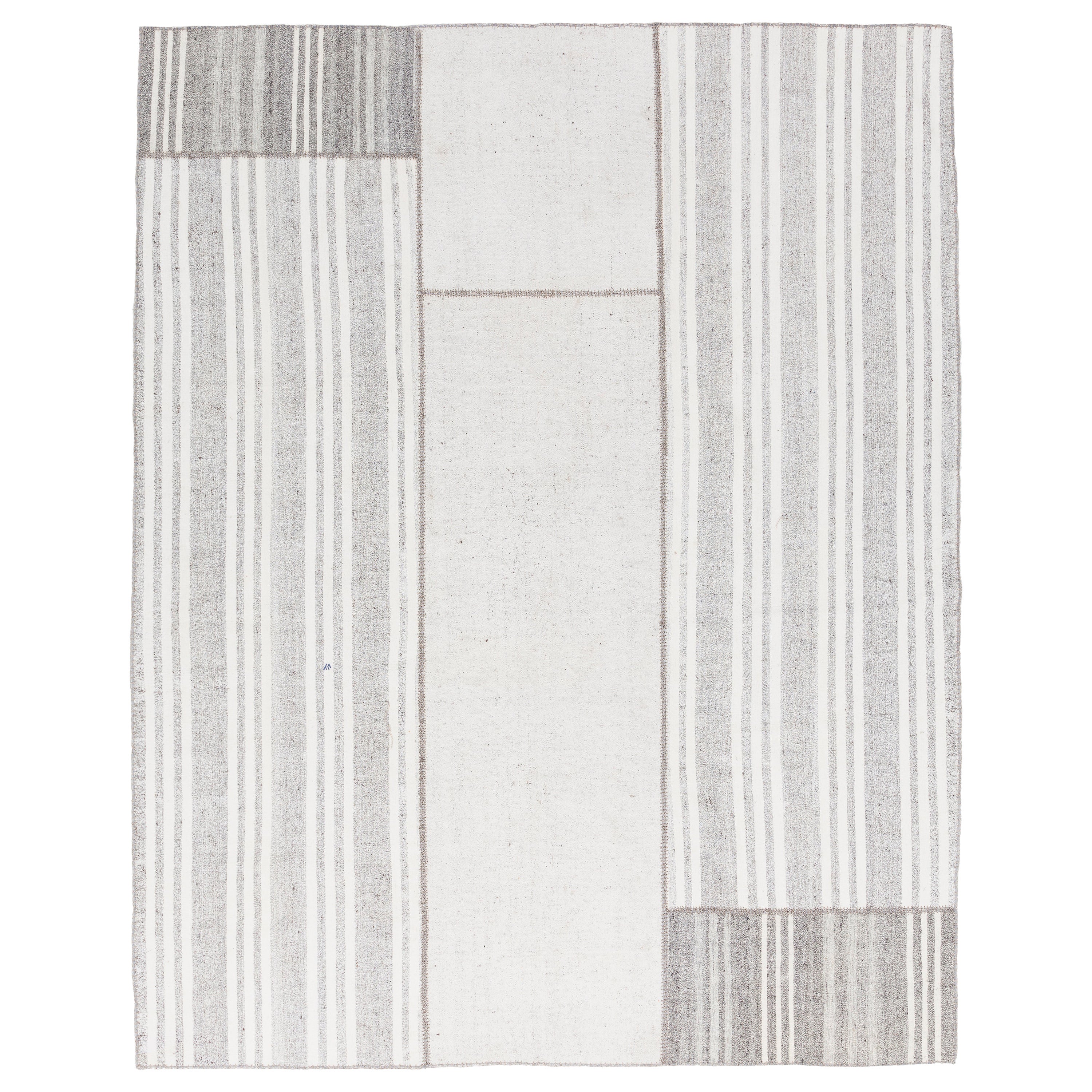 8.4x10.3 Ft Hand-Woven Vintage Cotton Anatolian Kilim in Gray with White Stripes