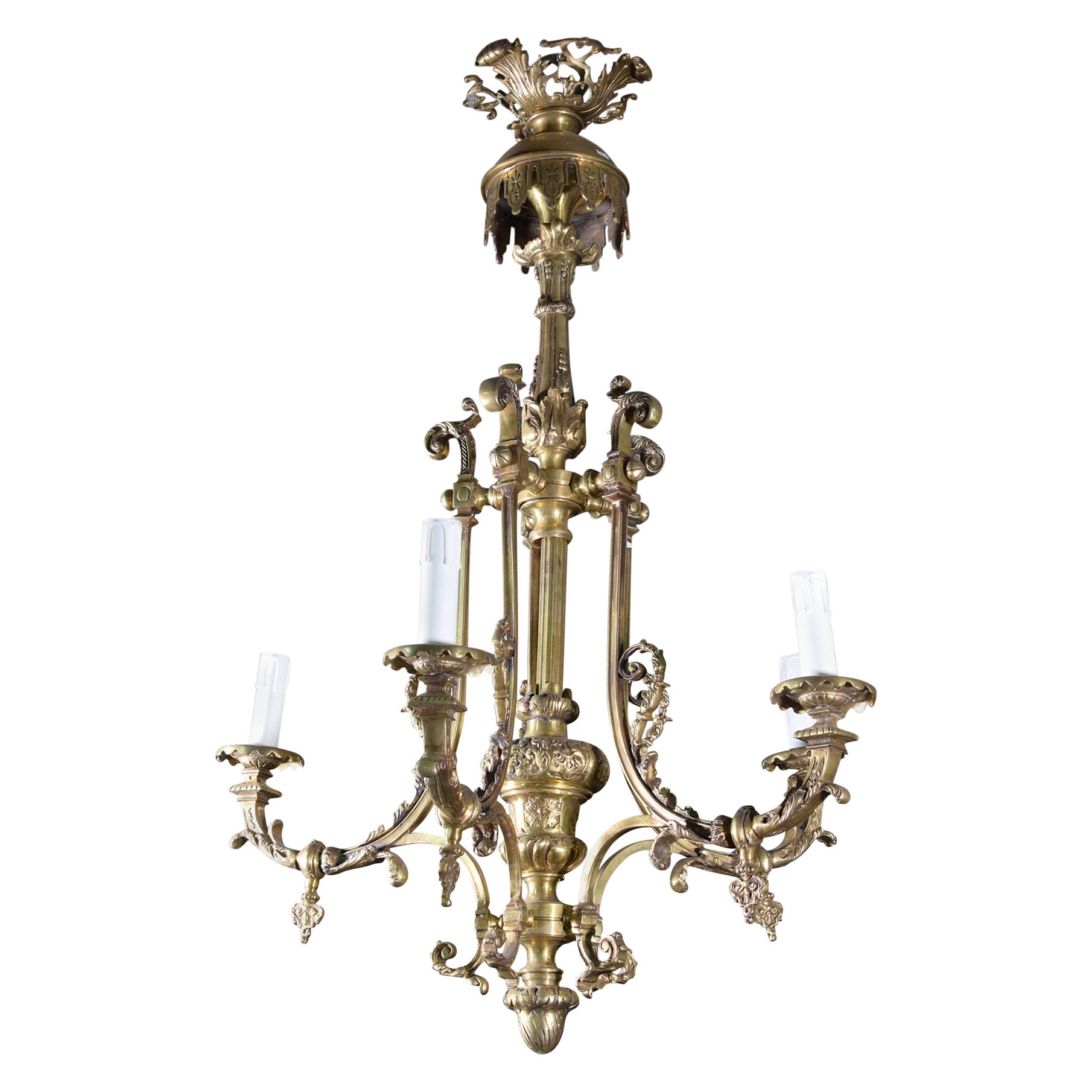 Ceiling lamp with six lights. Bronze with antique finish and glass.  For Sale