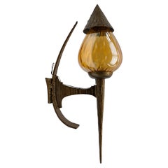 Huge French Hand-Forged Iron and Glass Wall Lamp, 1960s