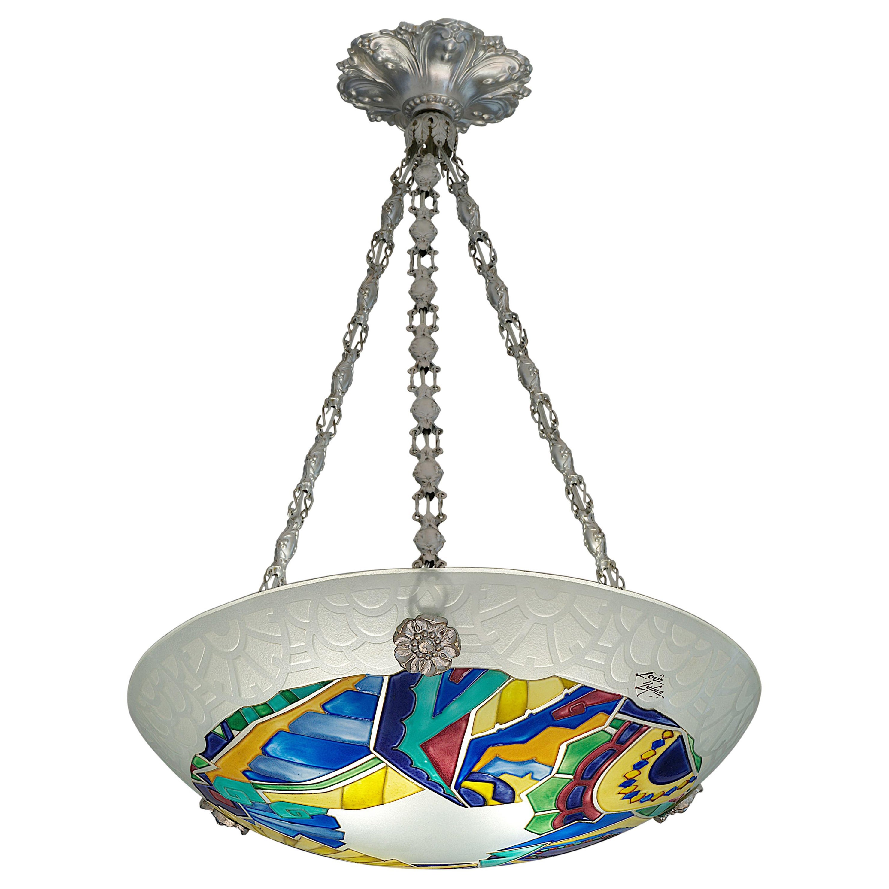 Loys Lucha Stunning French Art Deco Pendant Chandelier, 1920s For Sale