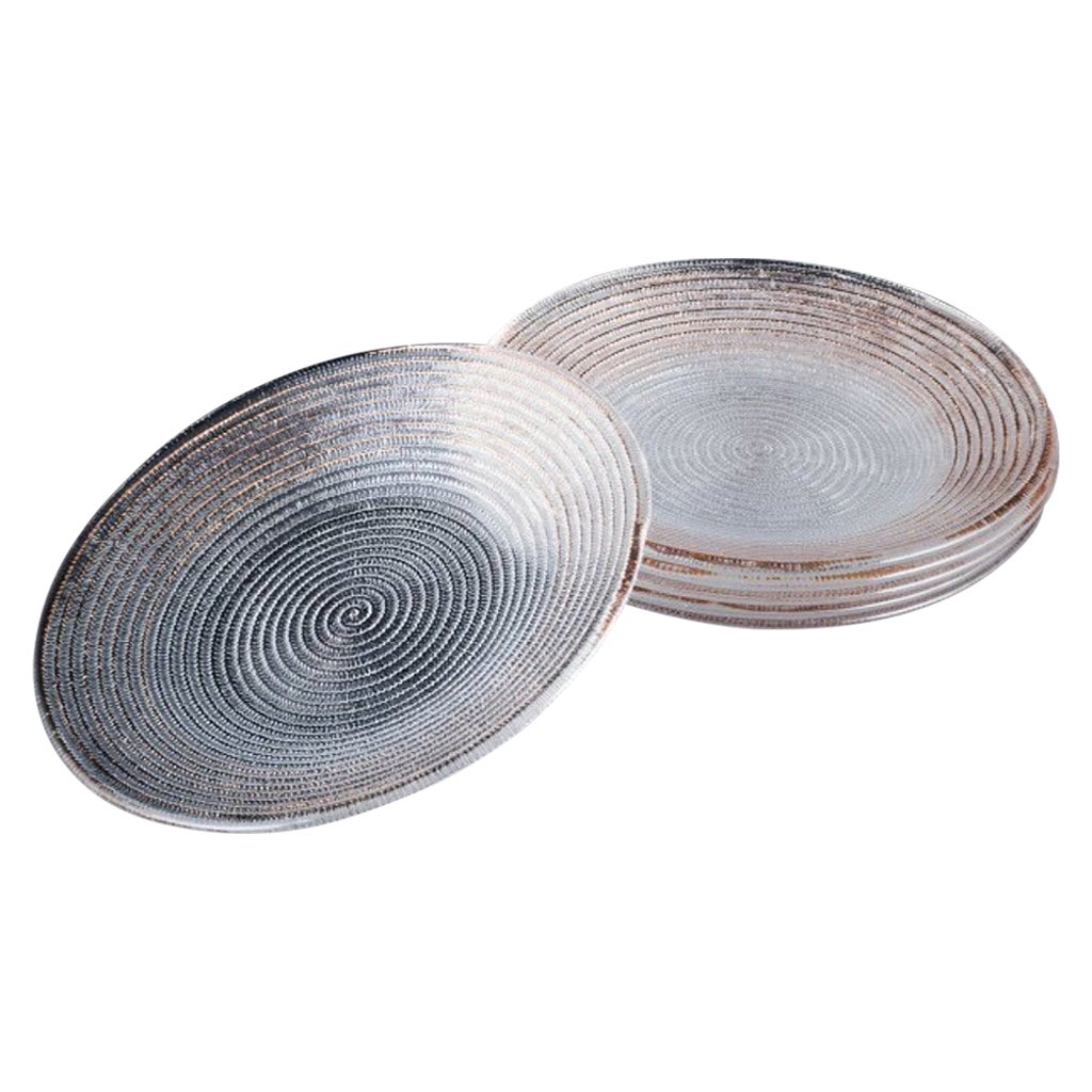 Murano, Italia, juego de seis platos llanos de cristal transparente con decoración dorada