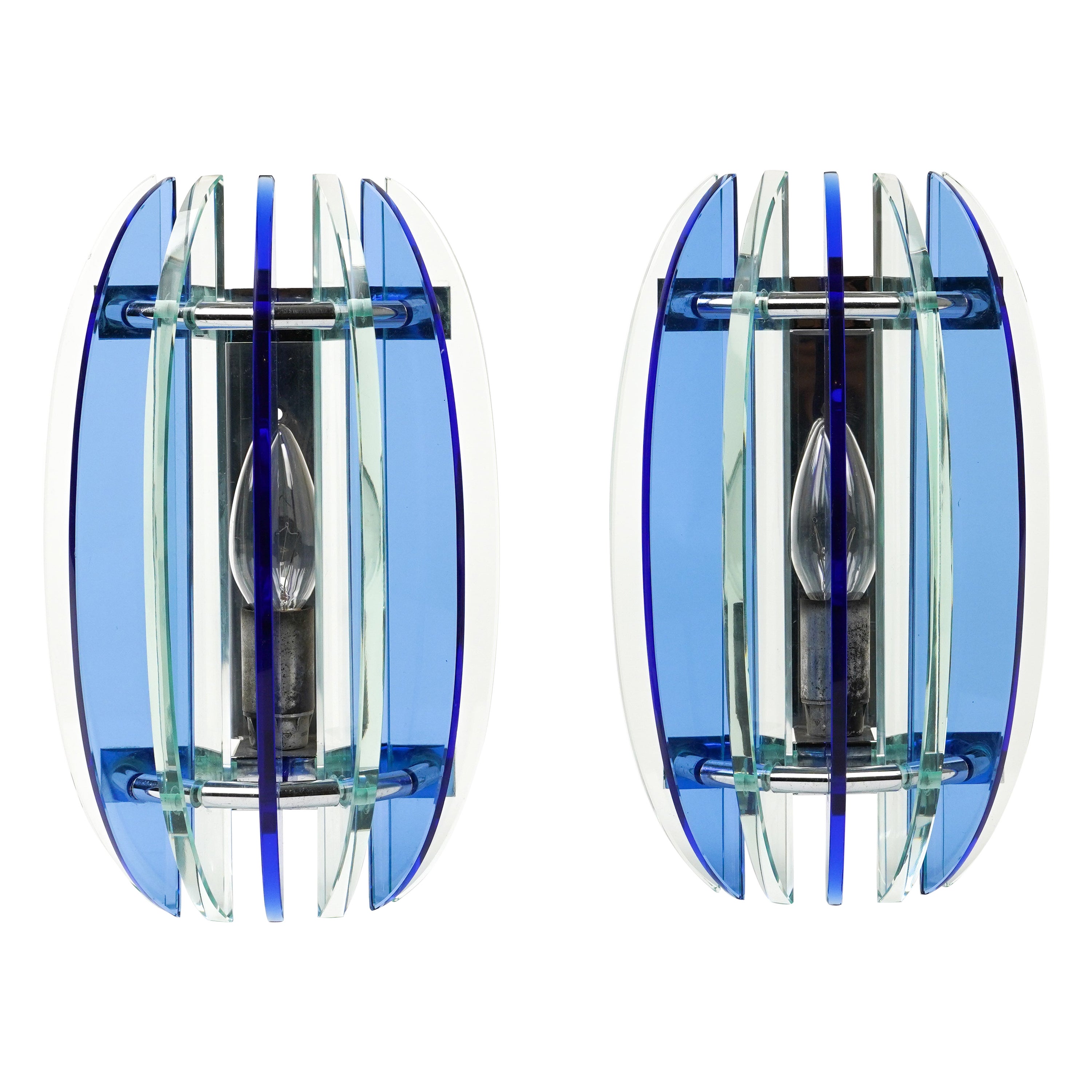 Midcentury Pair of Wall Sconces in Colored Glass & Chrome by Veca, Italy, 1970s