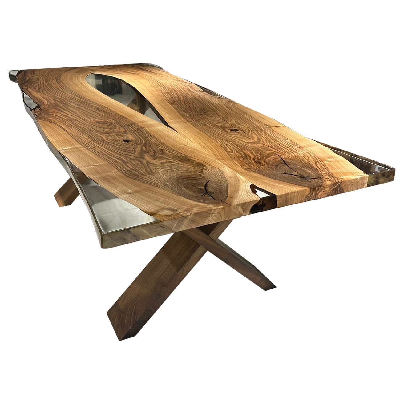 Modern Walnut Epoxy Resin River Custom Table For Sale