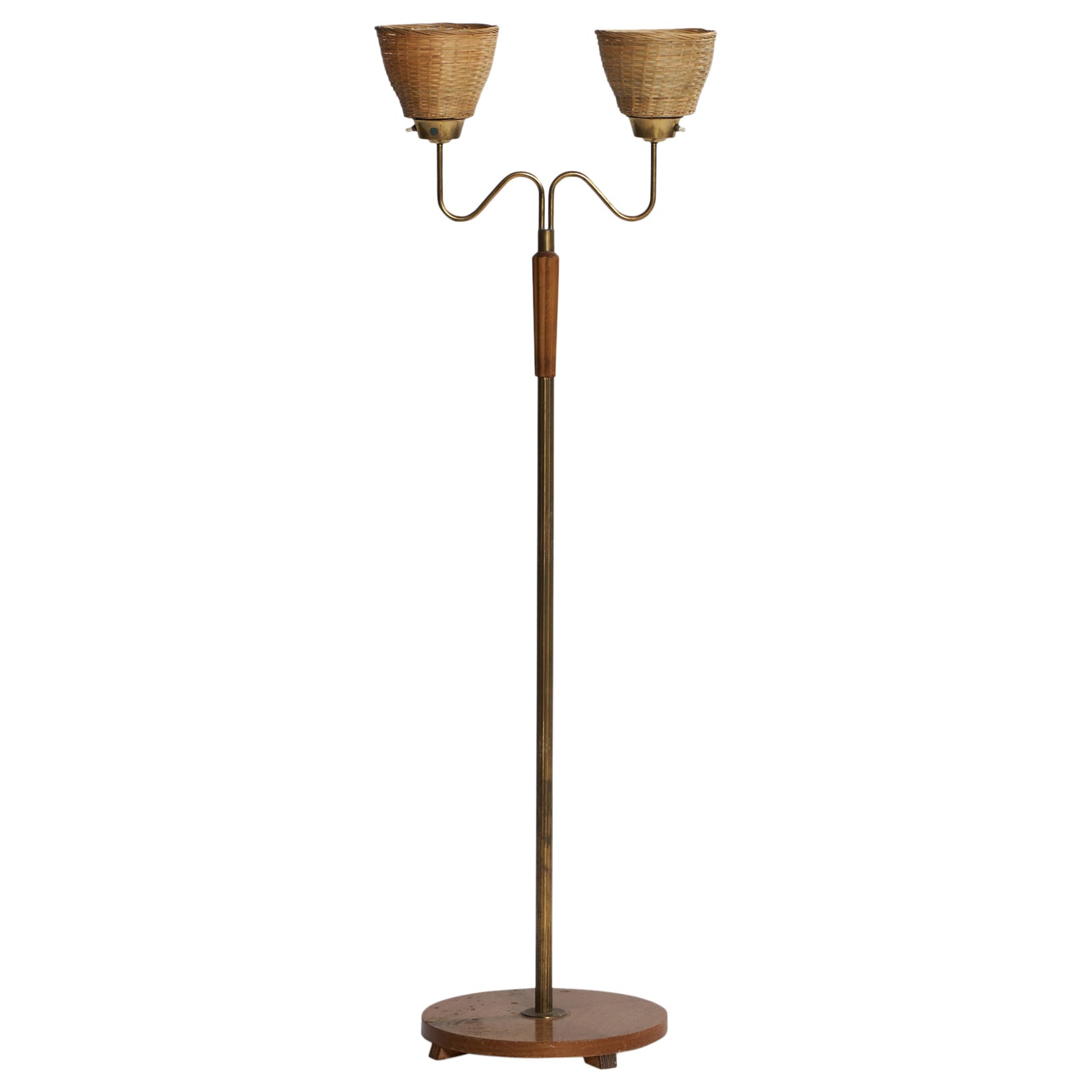 Swedish Designer, Floor Lamp, Brass, Oak, Rattan, 1940s For Sale