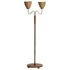 Vintage Swedish Designer, Floor Lamp, Brass, Oak, Rattan, 1940s