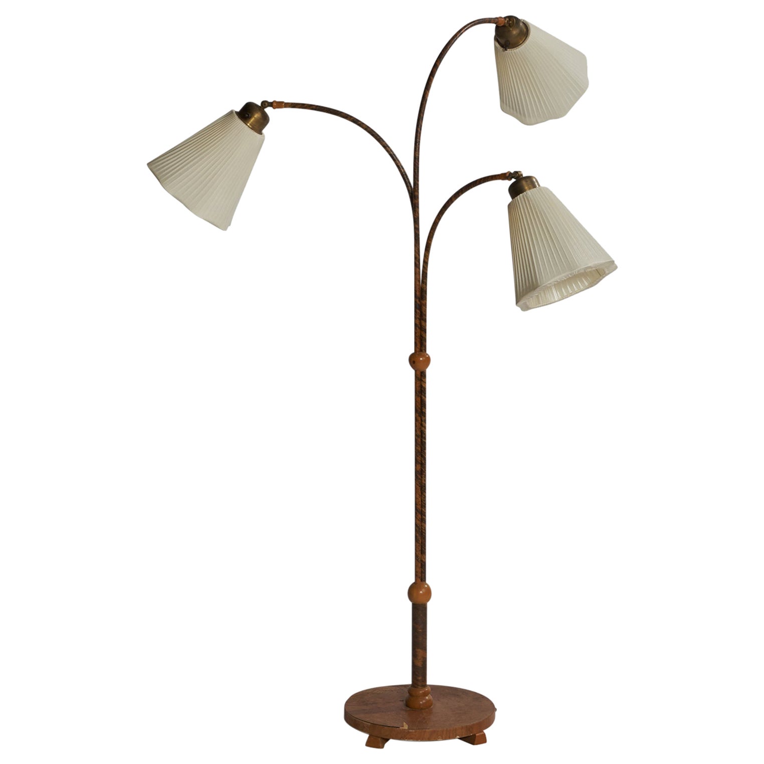Swedish Designer, Floor Lamp, Brass, Wood, Fabric, Sweden, 1940s For Sale