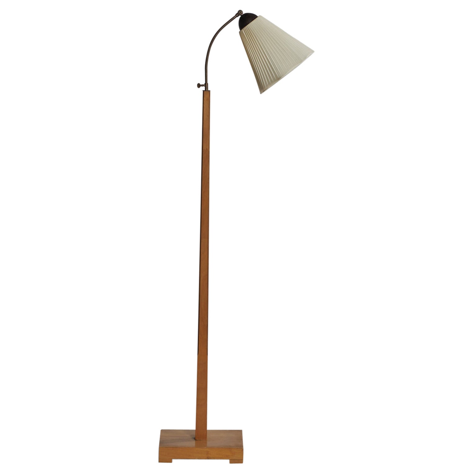 Swedish Designer, Floor Lamp, Wood, Brass, Fabric, Sweden, 1930s For Sale