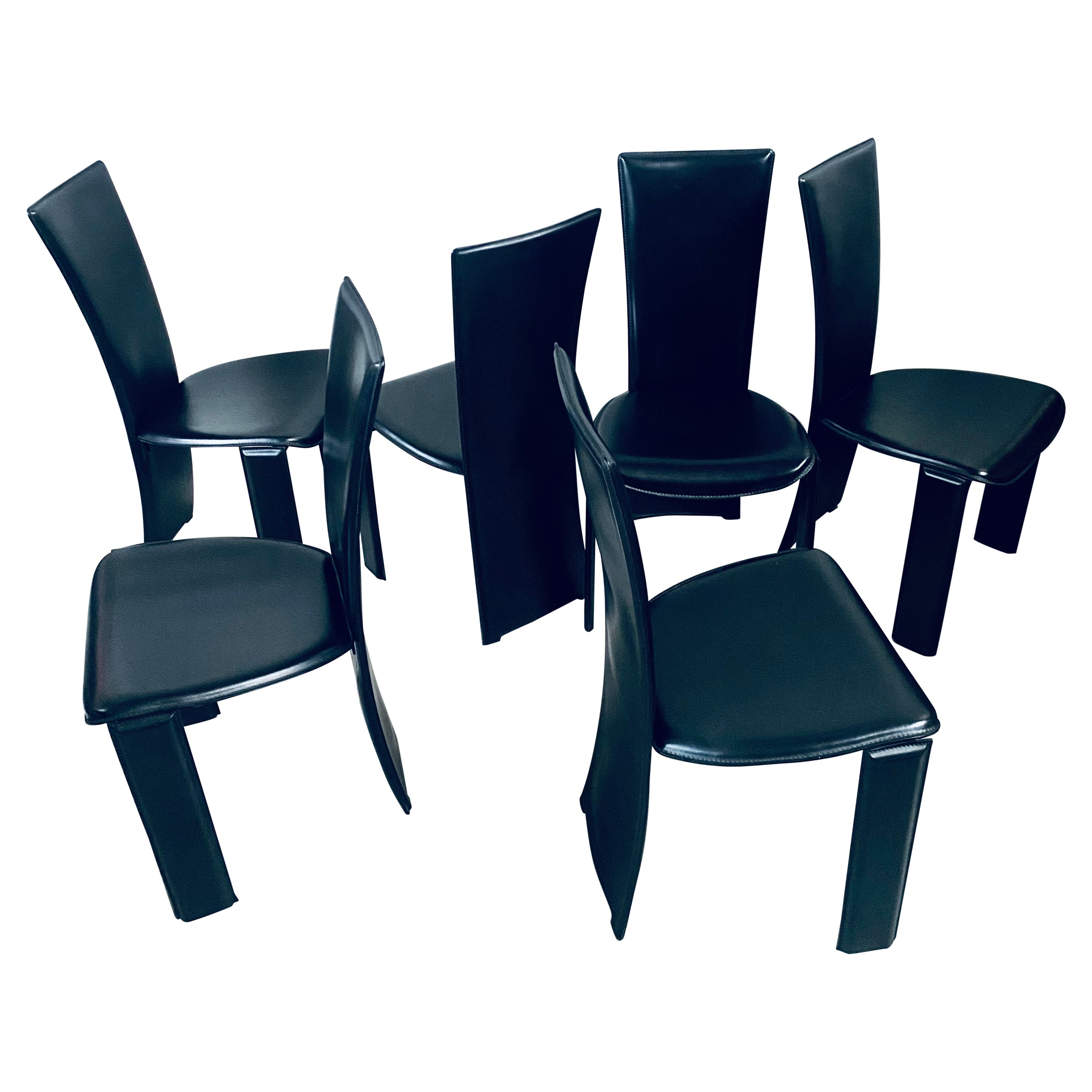 6 x Black Leather Tripot Dining Chairs by Pietro Costantini, Italy 1980 For Sale