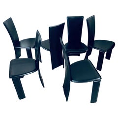 6 x Black Leather Tripot Dining Chairs by Pietro Costantini, Italy 1980