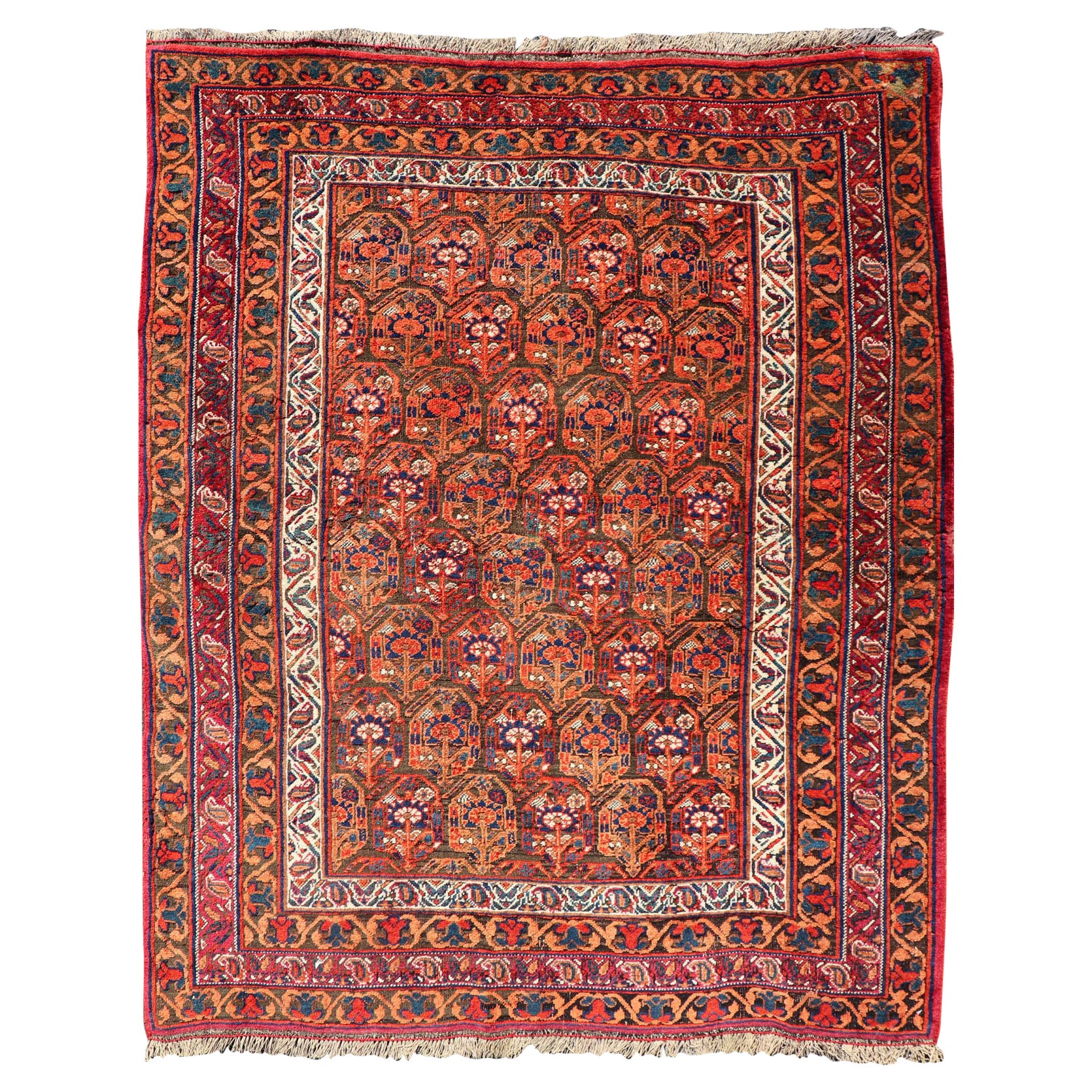  Tapis persan ancien Afshar à fond orange et cuivre et multicolore en vente